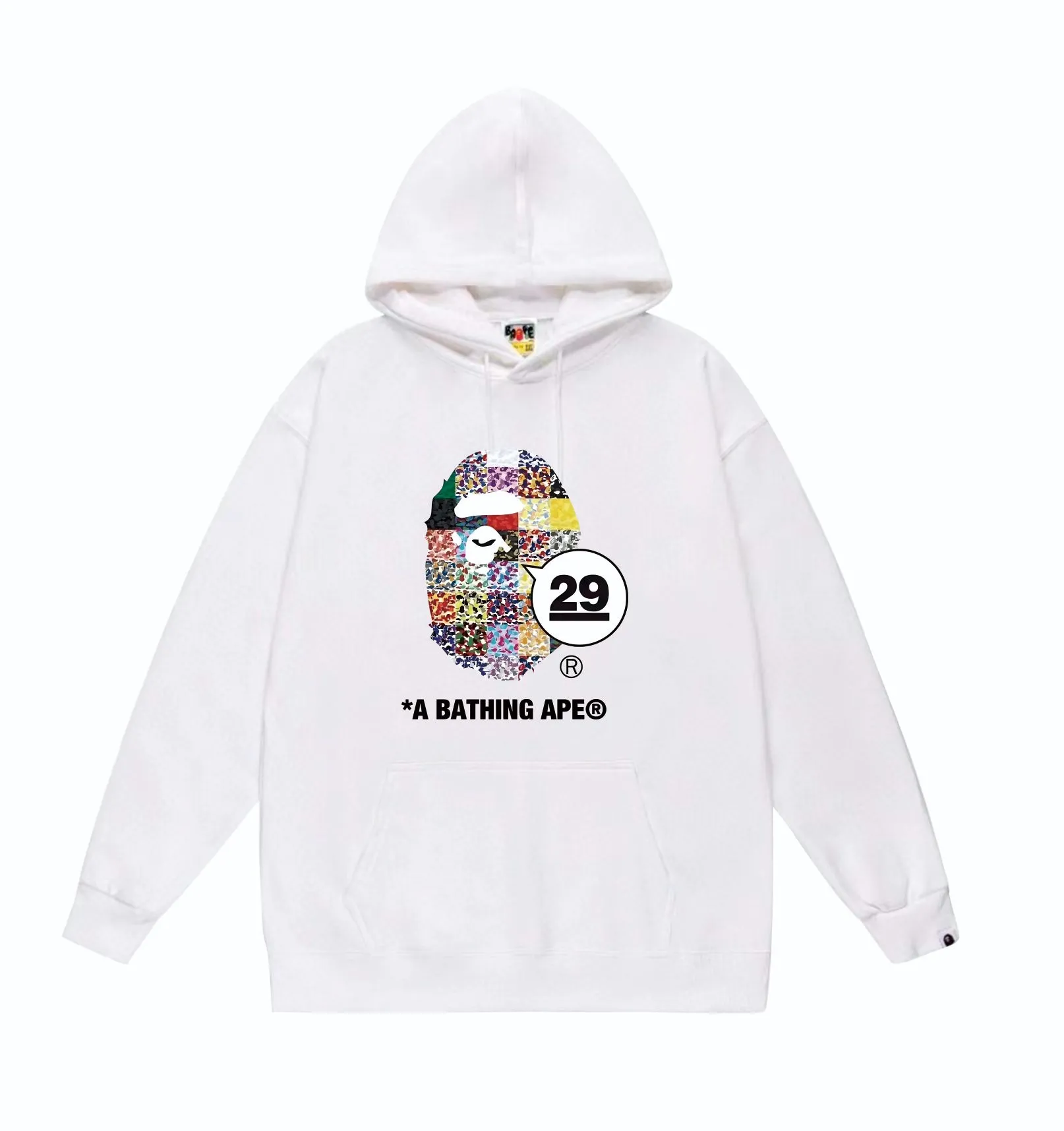 P160 model number SC827# terry 80 plus velvet 90 (top version) BAPE 29th Anniversary Ape Head Tee digital printed pattern hooded sweatshirt Made of 380g large terry (drop shoulder large version) fabric, soft and non-pilling, imported environmentally friendly printing glue, bright and three-dimensional pattern, quality 💥Same style for men and women, the upper body is fashionable Color: Black White Gray Size: S M L XL XXL