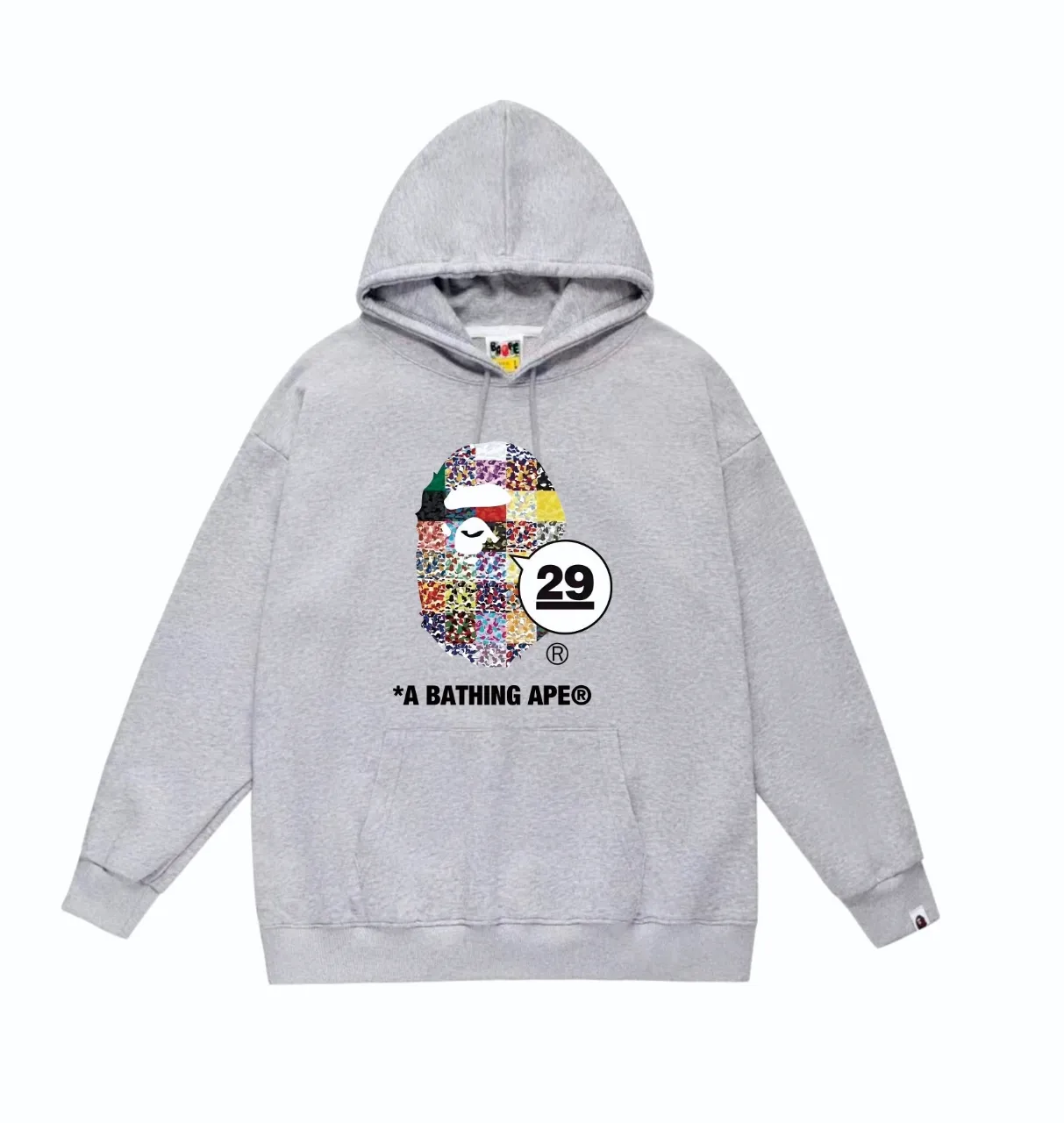 P160 model number SC827# terry 80 plus velvet 90 (top version) BAPE 29th Anniversary Ape Head Tee digital printed pattern hooded sweatshirt Made of 380g large terry (drop shoulder large version) fabric, soft and non-pilling, imported environmentally friendly printing glue, bright and three-dimensional pattern, quality 💥Same style for men and women, the upper body is fashionable Color: Black White Gray Size: S M L XL XXL