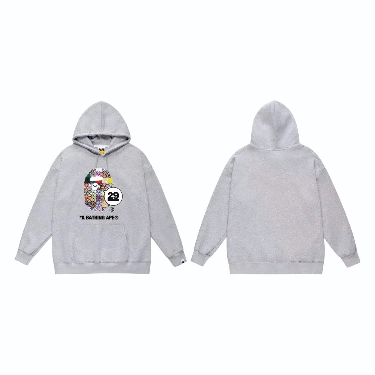 P160 model number SC827# terry 80 plus velvet 90 (top version) BAPE 29th Anniversary Ape Head Tee digital printed pattern hooded sweatshirt Made of 380g large terry (drop shoulder large version) fabric, soft and non-pilling, imported environmentally friendly printing glue, bright and three-dimensional pattern, quality 💥Same style for men and women, the upper body is fashionable Color: Black White Gray Size: S M L XL XXL
