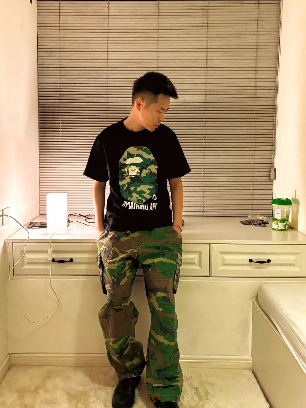 💰140 Bape Forest Camouflage Great Ape Letter Printing Linen Cotton 280g Customized Fabric Couple Style: S—XXL [Black White]