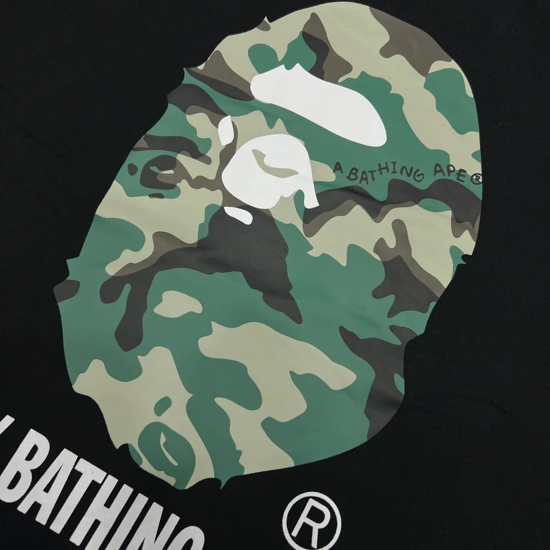💰140 Bape Forest Camouflage Great Ape Letter Printing Linen Cotton 280g Customized Fabric Couple Style: S—XXL [Black White]