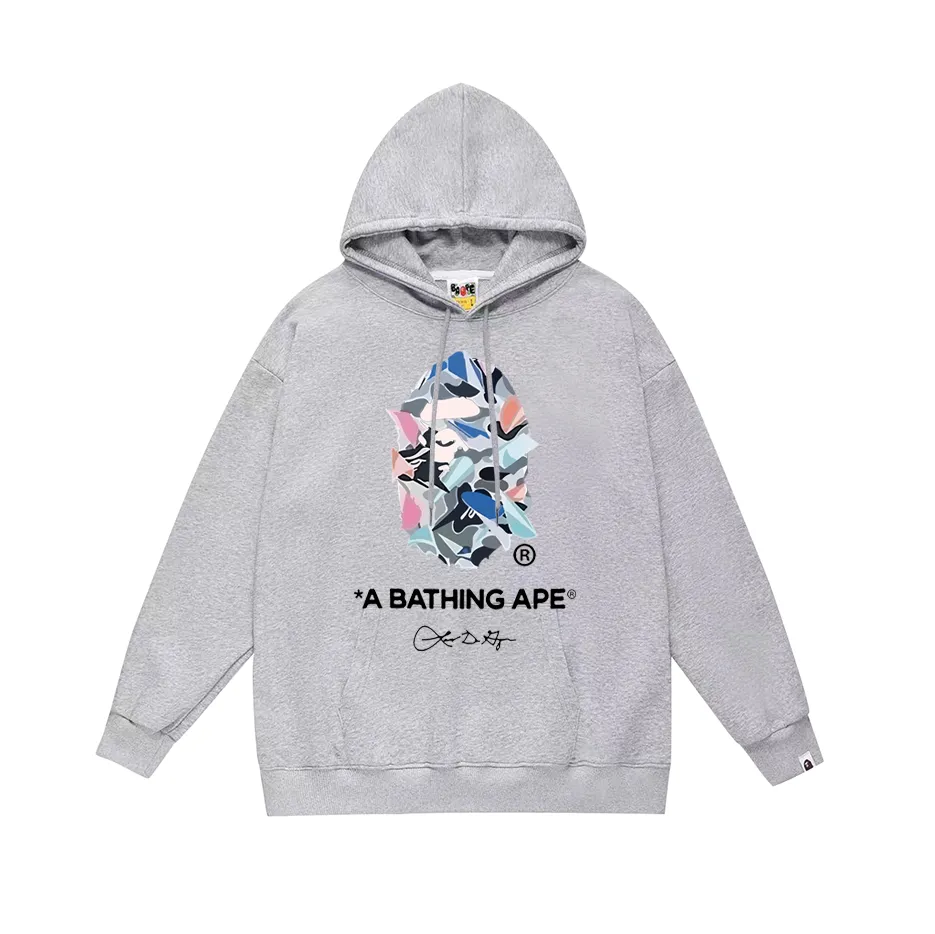 P190 model number SC608# terry 85 plus velvet 95 (top version) BAPE ape head letter printed hooded sweatshirt. Made of 380g large terry (drop shoulder large version) fabric. The texture is soft and non-pilling. Imported environmentally friendly printing glue. The pattern is bright and three-dimensional. Quality 💥Same style for men and women. The upper body is trendy. Color: black white gray Size: S M L XL XXL