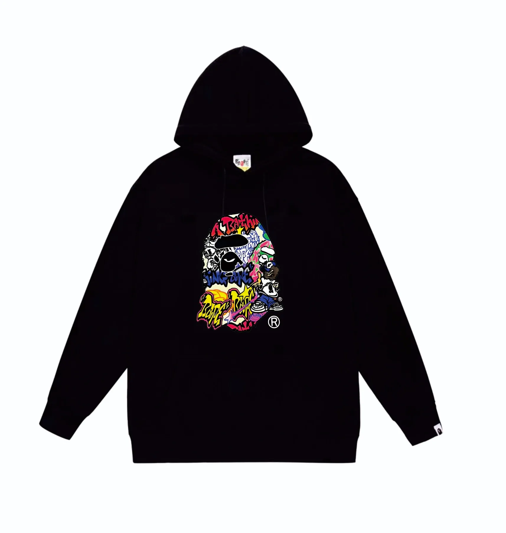 P160 model number SC832# terry 80 plus velvet 90 (top version) BAPE ape head cartoon pattern printed hooded sweatshirt. Made of 380g large terry (drop shoulder large version) fabric. The texture is soft and non-pilling. Imported environmentally friendly printing glue. The pattern is bright and three-dimensional. Quality 💥Same style for men and women. The upper body is trendy. Color: Black White Gray Size: S M L XL XXL