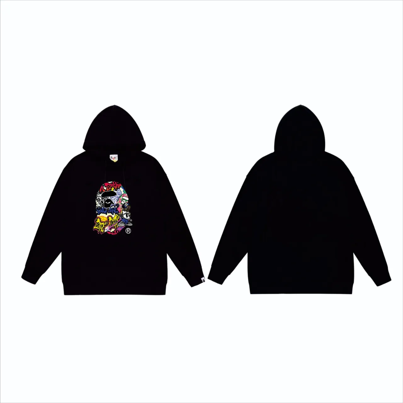 P160 model number SC832# terry 80 plus velvet 90 (top version) BAPE ape head cartoon pattern printed hooded sweatshirt. Made of 380g large terry (drop shoulder large version) fabric. The texture is soft and non-pilling. Imported environmentally friendly printing glue. The pattern is bright and three-dimensional. Quality 💥Same style for men and women. The upper body is trendy. Color: Black White Gray Size: S M L XL XXL