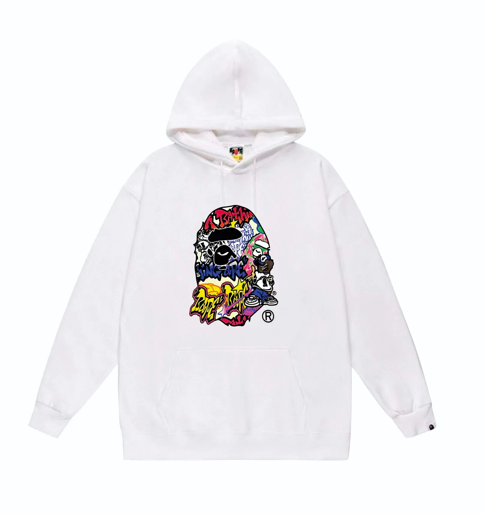 P160 model number SC832# terry 80 plus velvet 90 (top version) BAPE ape head cartoon pattern printed hooded sweatshirt. Made of 380g large terry (drop shoulder large version) fabric. The texture is soft and non-pilling. Imported environmentally friendly printing glue. The pattern is bright and three-dimensional. Quality 💥Same style for men and women. The upper body is trendy. Color: Black White Gray Size: S M L XL XXL