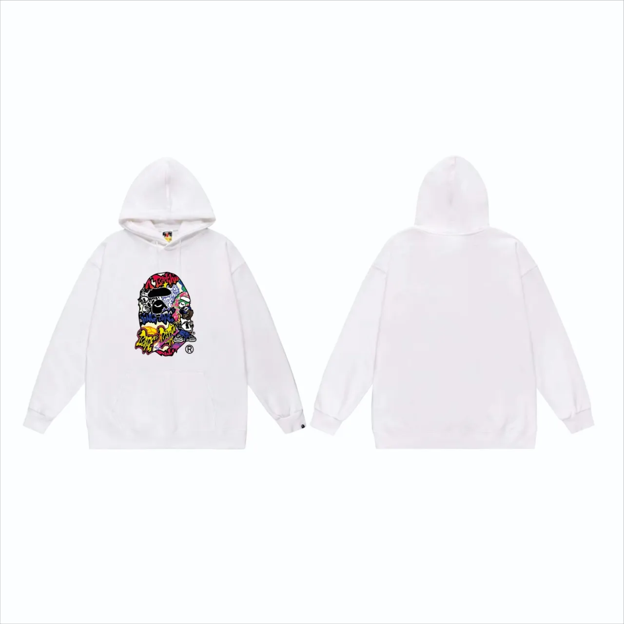 P160 model number SC832# terry 80 plus velvet 90 (top version) BAPE ape head cartoon pattern printed hooded sweatshirt. Made of 380g large terry (drop shoulder large version) fabric. The texture is soft and non-pilling. Imported environmentally friendly printing glue. The pattern is bright and three-dimensional. Quality 💥Same style for men and women. The upper body is trendy. Color: Black White Gray Size: S M L XL XXL