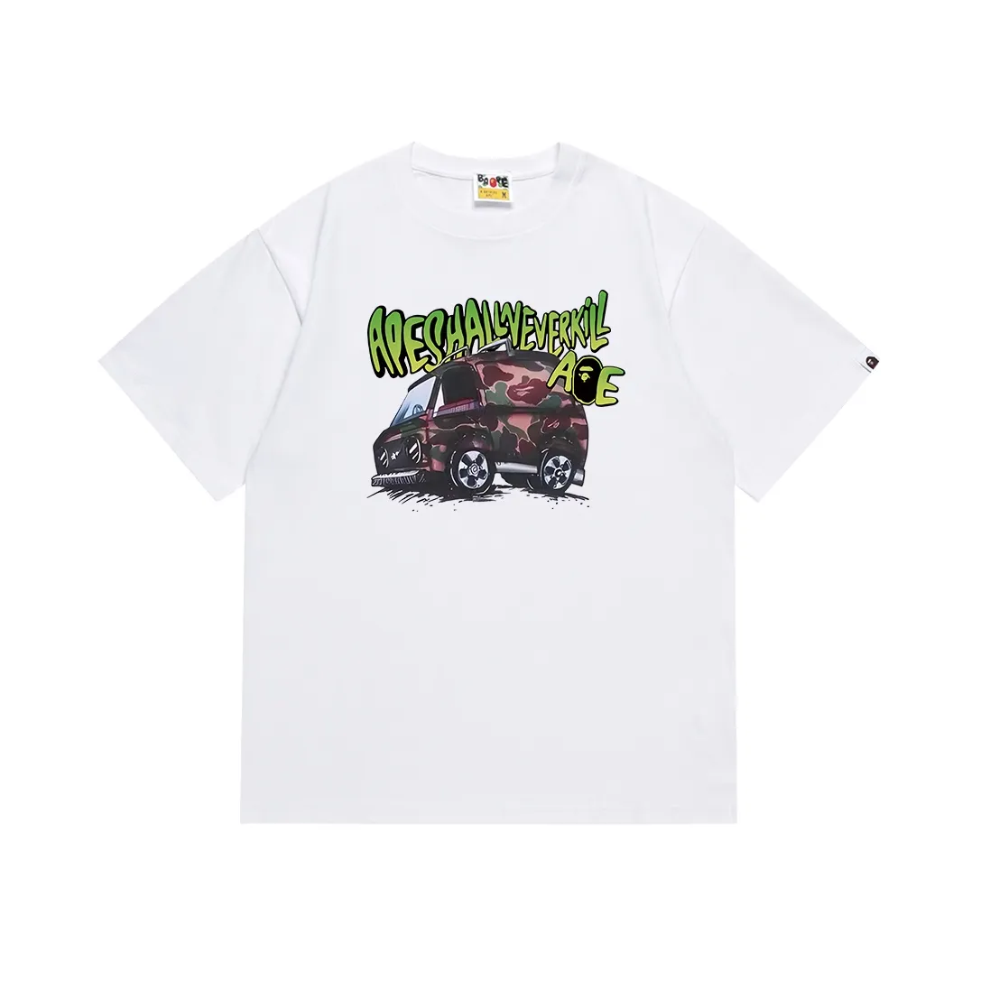 SC103#p110💰 (top version) BAPE camouflage car graffiti ape head letter print pattern short-sleeved T-shirt Made of 260 grams of high-quality high-weave pure cotton fabric, double yarn combed, soft texture without pilling, imported environmentally friendly printing glue, bright and three-dimensional pattern, quality 💥Same style for men and women, the upper body is fashionable Color: black white Size: S M L XL XXL