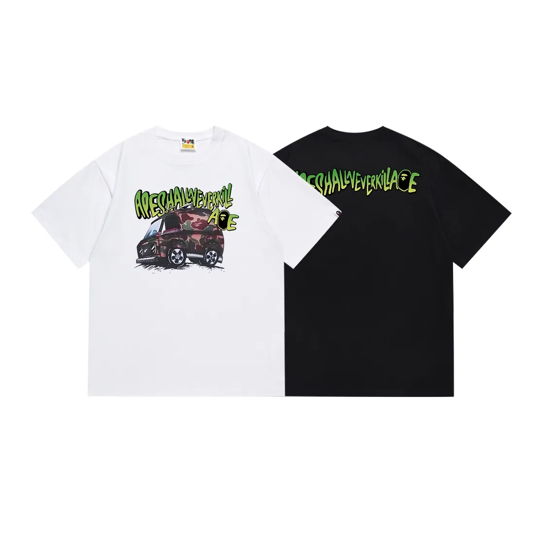 SC103#p110💰 (top version) BAPE camouflage car graffiti ape head letter print pattern short-sleeved T-shirt Made of 260 grams of high-quality high-weave pure cotton fabric, double yarn combed, soft texture without pilling, imported environmentally friendly printing glue, bright and three-dimensional pattern, quality 💥Same style for men and women, the upper body is fashionable Color: black white Size: S M L XL XXL