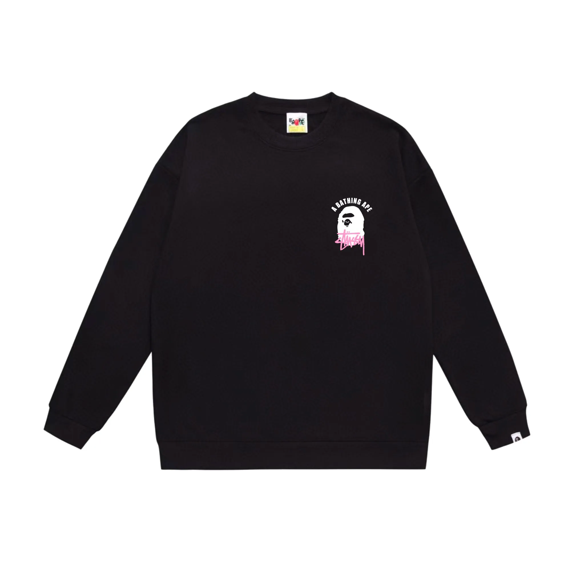 P150 model number SC507# terry 75 plus velvet 80 (top version) BAPE×STUSSY co-branded Stussy letter round neck sweatshirt Made of 350 grams of large terry (drop shoulder large version) fabric, soft texture and no pilling Imported environmentally friendly printing glue The pattern is bright and three-dimensional Quality 💥Same style for men and women The upper body is fashionable Color: black white gray Size: S M L XL XXL