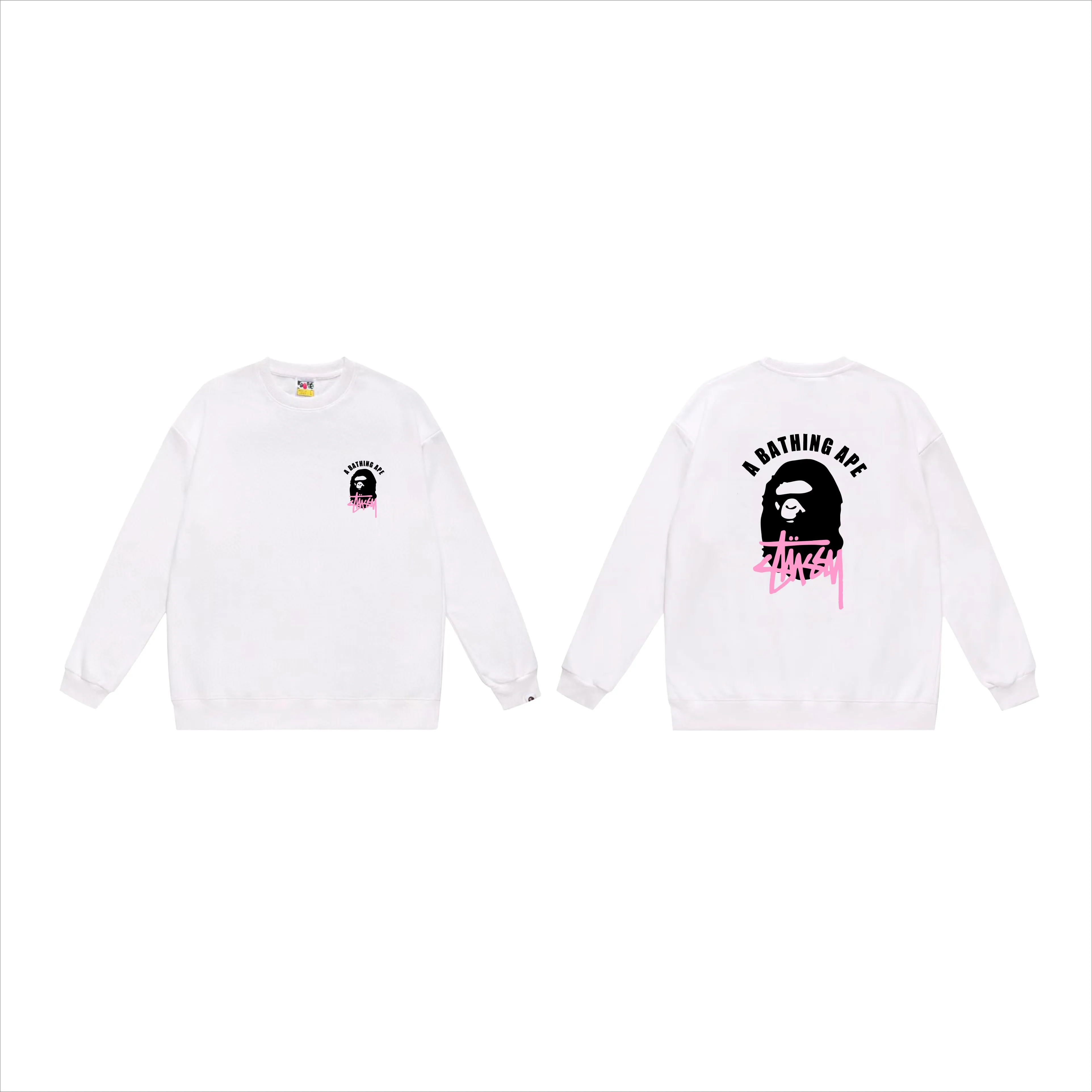 P150 model number SC507# terry 75 plus velvet 80 (top version) BAPE×STUSSY co-branded Stussy letter round neck sweatshirt Made of 350 grams of large terry (drop shoulder large version) fabric, soft texture and no pilling Imported environmentally friendly printing glue The pattern is bright and three-dimensional Quality 💥Same style for men and women The upper body is fashionable Color: black white gray Size: S M L XL XXL