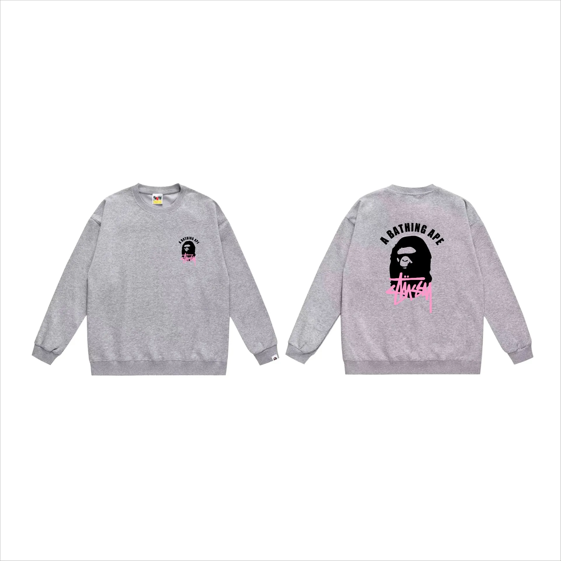 P150 model number SC507# terry 75 plus velvet 80 (top version) BAPE×STUSSY co-branded Stussy letter round neck sweatshirt Made of 350 grams of large terry (drop shoulder large version) fabric, soft texture and no pilling Imported environmentally friendly printing glue The pattern is bright and three-dimensional Quality 💥Same style for men and women The upper body is fashionable Color: black white gray Size: S M L XL XXL