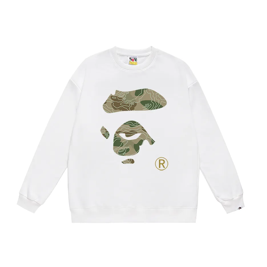 P150 model number SC459# terry 75 plus velvet 80 (top version) BAPE camouflage ape face letter pattern printed round neck sweatshirt Made of 350 grams of large terry (drop shoulder large version) fabric, soft texture and no pilling Imported environmentally friendly printing glue The pattern is bright and three-dimensional Quality 💥Same style for men and women The upper body is trendy Color: black white gray Size: S M L XL XXL