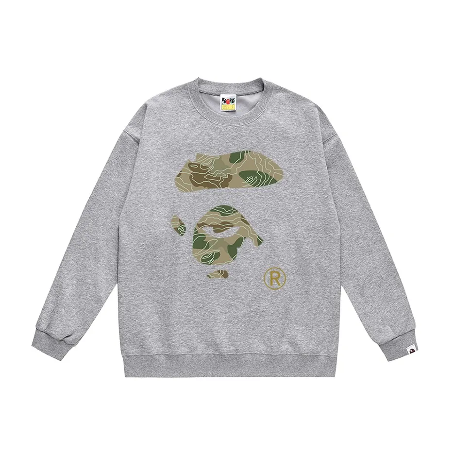 P150 model number SC459# terry 75 plus velvet 80 (top version) BAPE camouflage ape face letter pattern printed round neck sweatshirt Made of 350 grams of large terry (drop shoulder large version) fabric, soft texture and no pilling Imported environmentally friendly printing glue The pattern is bright and three-dimensional Quality 💥Same style for men and women The upper body is trendy Color: black white gray Size: S M L XL XXL