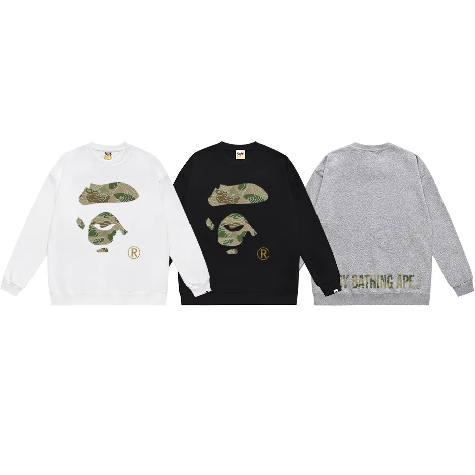 P150 model number SC459# terry 75 plus velvet 80 (top version) BAPE camouflage ape face letter pattern printed round neck sweatshirt Made of 350 grams of large terry (drop shoulder large version) fabric, soft texture and no pilling Imported environmentally friendly printing glue The pattern is bright and three-dimensional Quality 💥Same style for men and women The upper body is trendy Color: black white gray Size: S M L XL XXL