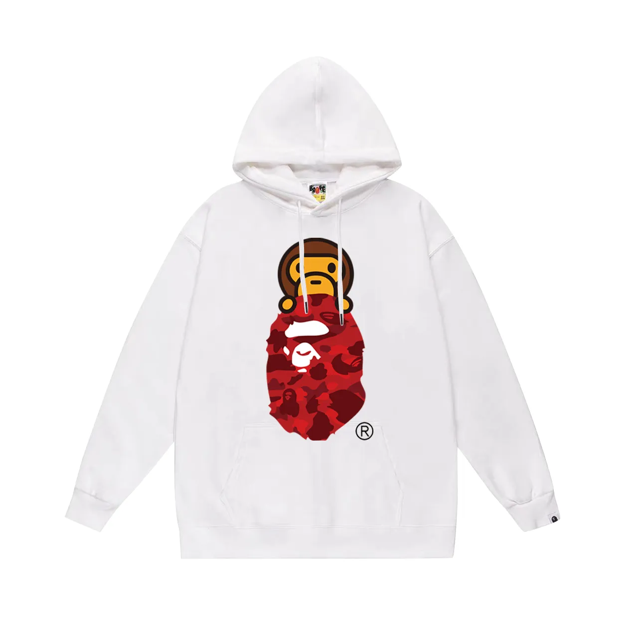 P160 model number SC768# terry 80 plus velvet 90 (top version) BAPE COLOR CAMO MILO ON APE camouflage ape print hooded sweatshirt. Made of 380 grams of large terry (drop shoulder large version) fabric. The texture is soft and does not pill. Imported environmentally friendly printing glue. The pattern is bright and three-dimensional. The quality is the same for men and women. The upper body is trendy. Color: black and red, white and red, gray and red, black and blue, white and blue, gray and blue, black and yellow. White and yellow Gray and yellow Black and purple White and purple Gray and purple Size: S M L XL XXL