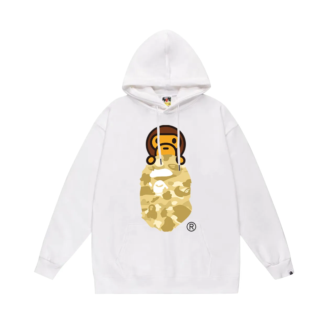 P160 model number SC768# terry 80 plus velvet 90 (top version) BAPE COLOR CAMO MILO ON APE camouflage ape print hooded sweatshirt. Made of 380 grams of large terry (drop shoulder large version) fabric. The texture is soft and does not pill. Imported environmentally friendly printing glue. The pattern is bright and three-dimensional. The quality is the same for men and women. The upper body is trendy. Color: black and red, white and red, gray and red, black and blue, white and blue, gray and blue, black and yellow. White and yellow Gray and yellow Black and purple White and purple Gray and purple Size: S M L XL XXL