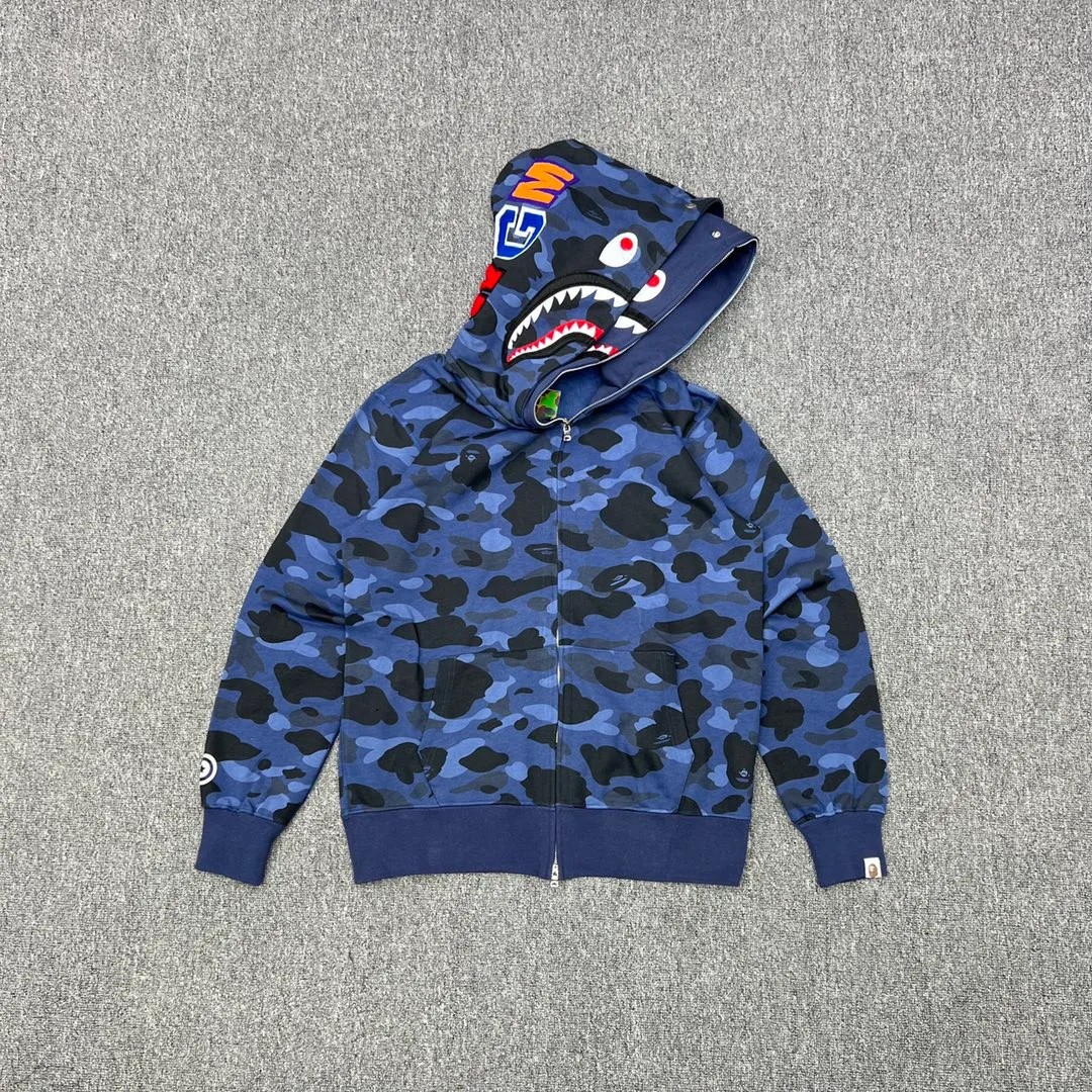 💰440 Bape double hood camouflage shark, customized fabric 1:1, fine workmanship, high quality version, couple model: S—XXL [blue, purple, red]