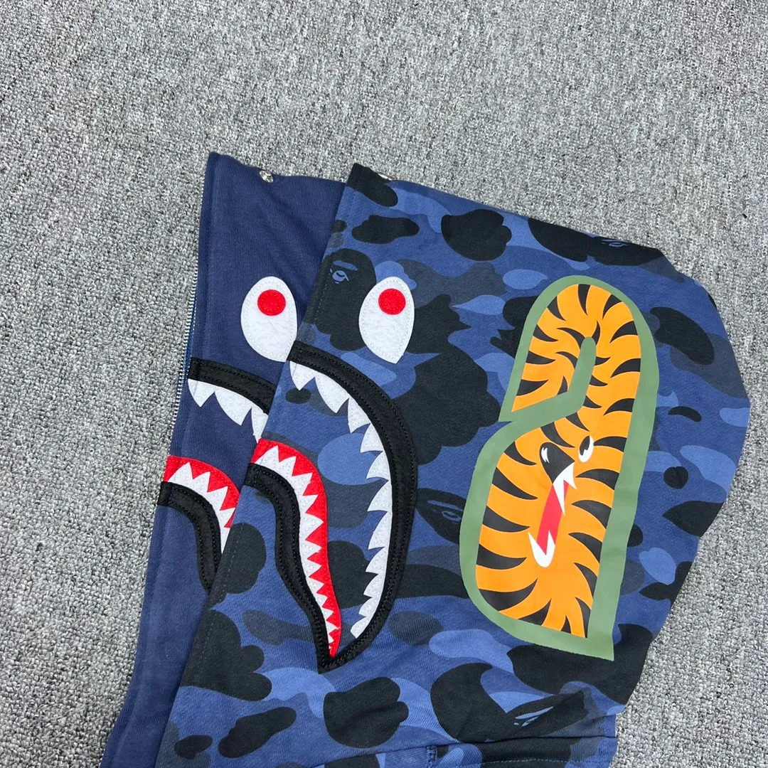 💰440 Bape double hood camouflage shark, customized fabric 1:1, fine workmanship, high quality version, couple model: S—XXL [blue, purple, red]