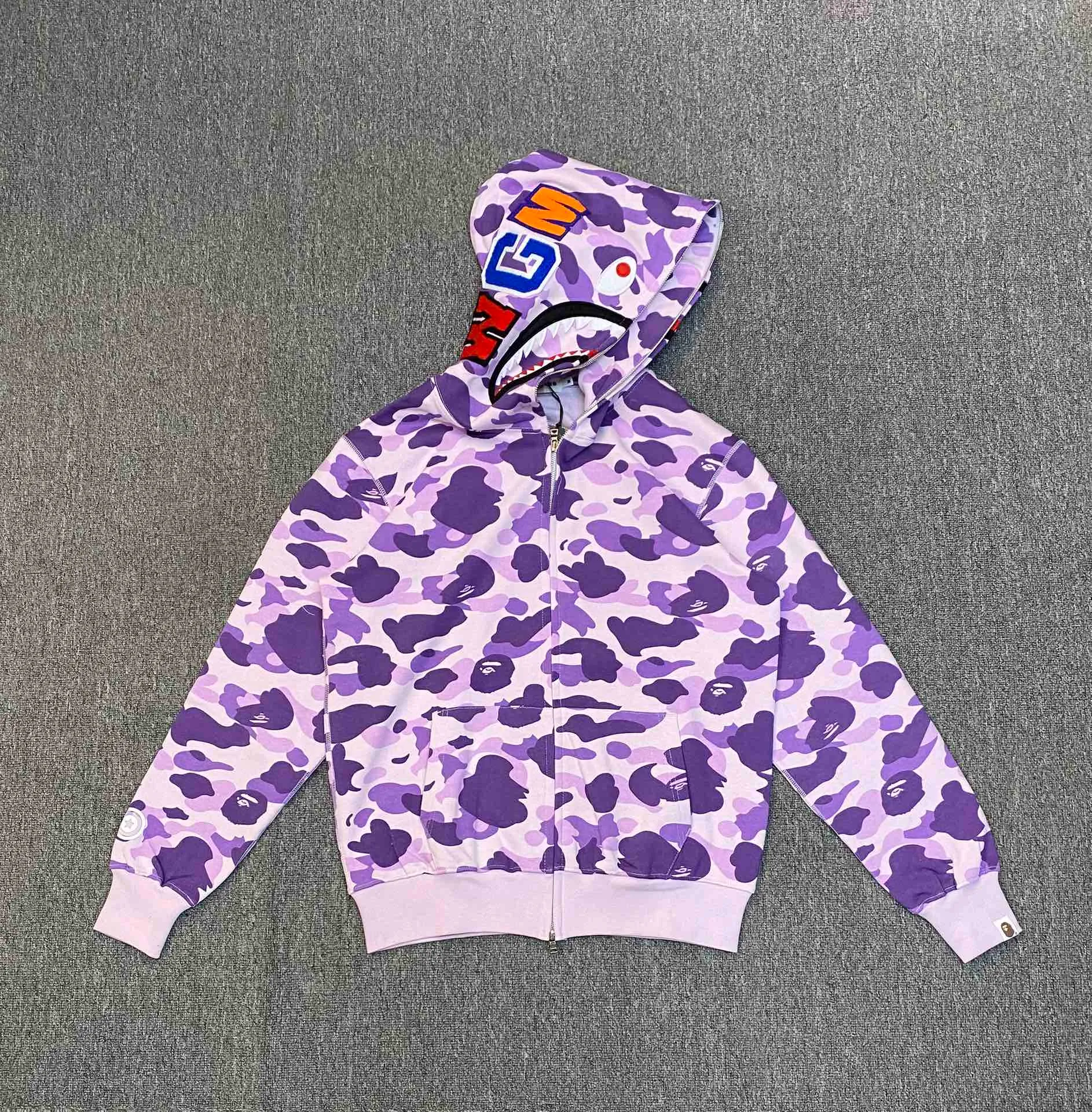 💰380 BAPE Taipei limited edition purple camouflage classic shark zipper sweatshirt customized top-quality fabrics couple model: S—XXL [Tarot Purple]