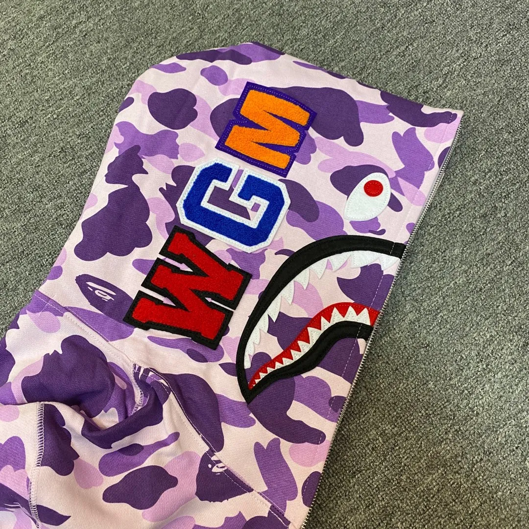 💰380 BAPE Taipei limited edition purple camouflage classic shark zipper sweatshirt customized top-quality fabrics couple model: S—XXL [Tarot Purple]