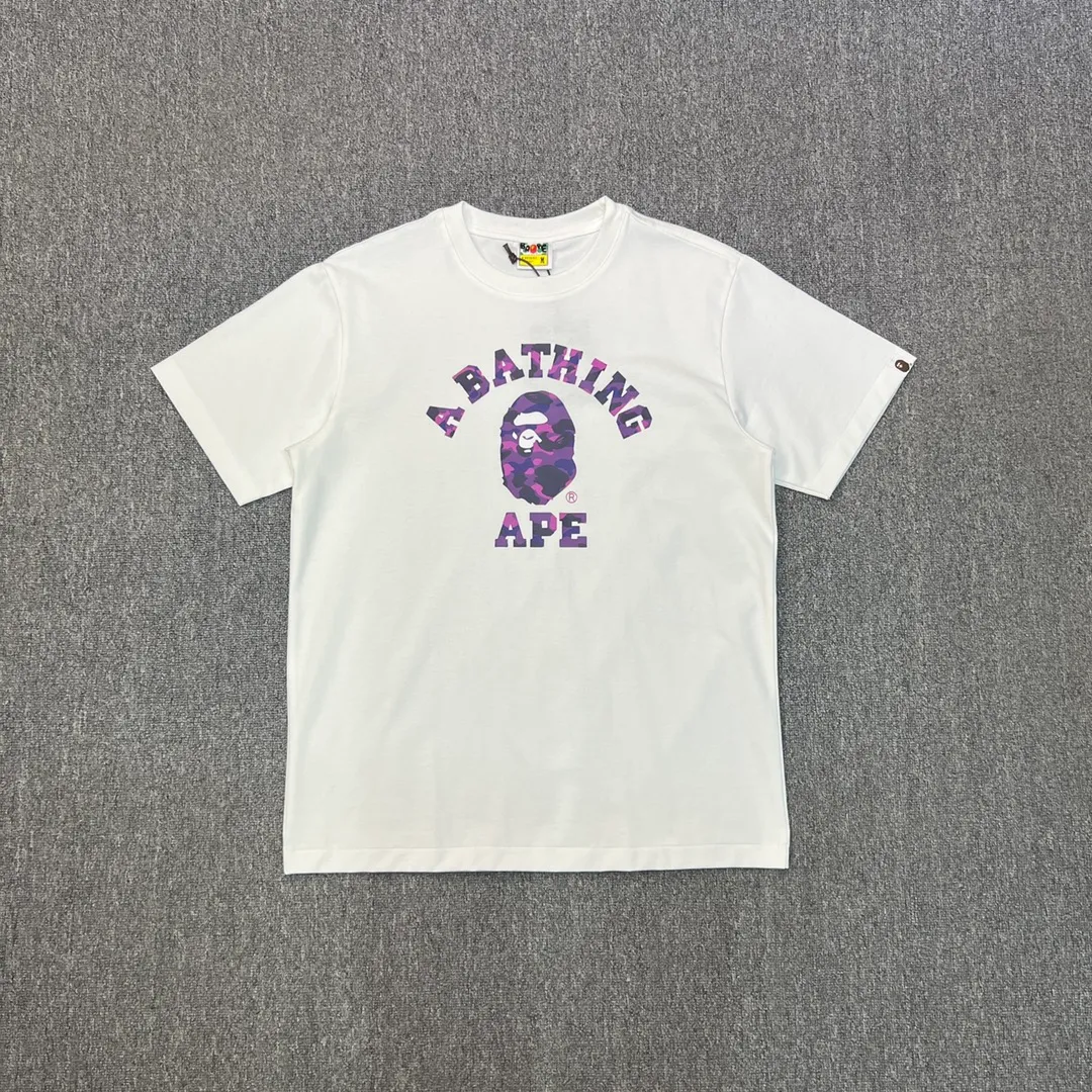 💰140 BAPE camouflage ape head letter printed short-sleeved T-shirt 270g weight linen cotton fabric Couple style: S-XXL [white blue black blue white purple black purple white red black red]