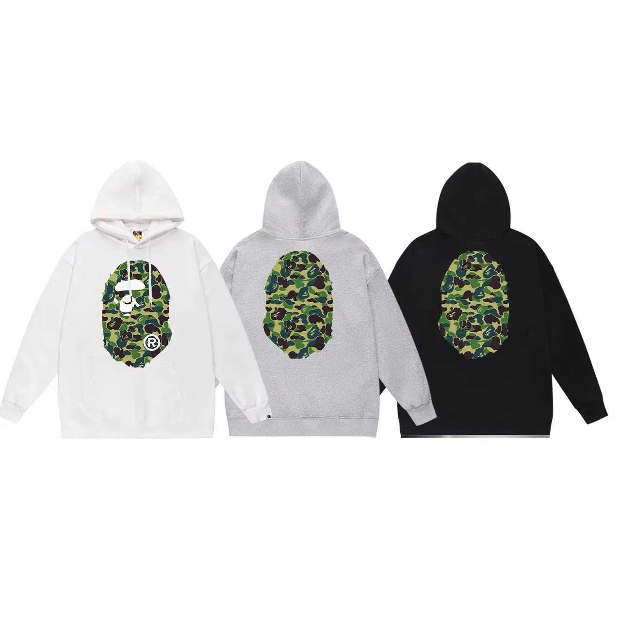 Model number SC636# terry p160 plus velvet p180💰 (top version) BAPE ABC green camouflage ape-man LOGO double-sided printed hooded sweatshirt. Made of 380g large terry 430g silver fox velvet (drop shoulder large version) fabric. The texture is soft and does not pill. Imported environmentally friendly printing glue. The pattern is bright and three-dimensional. Quality💥Same style for men and women. The upper body is trendy. Color: black white gray Size: S M L XL XXL