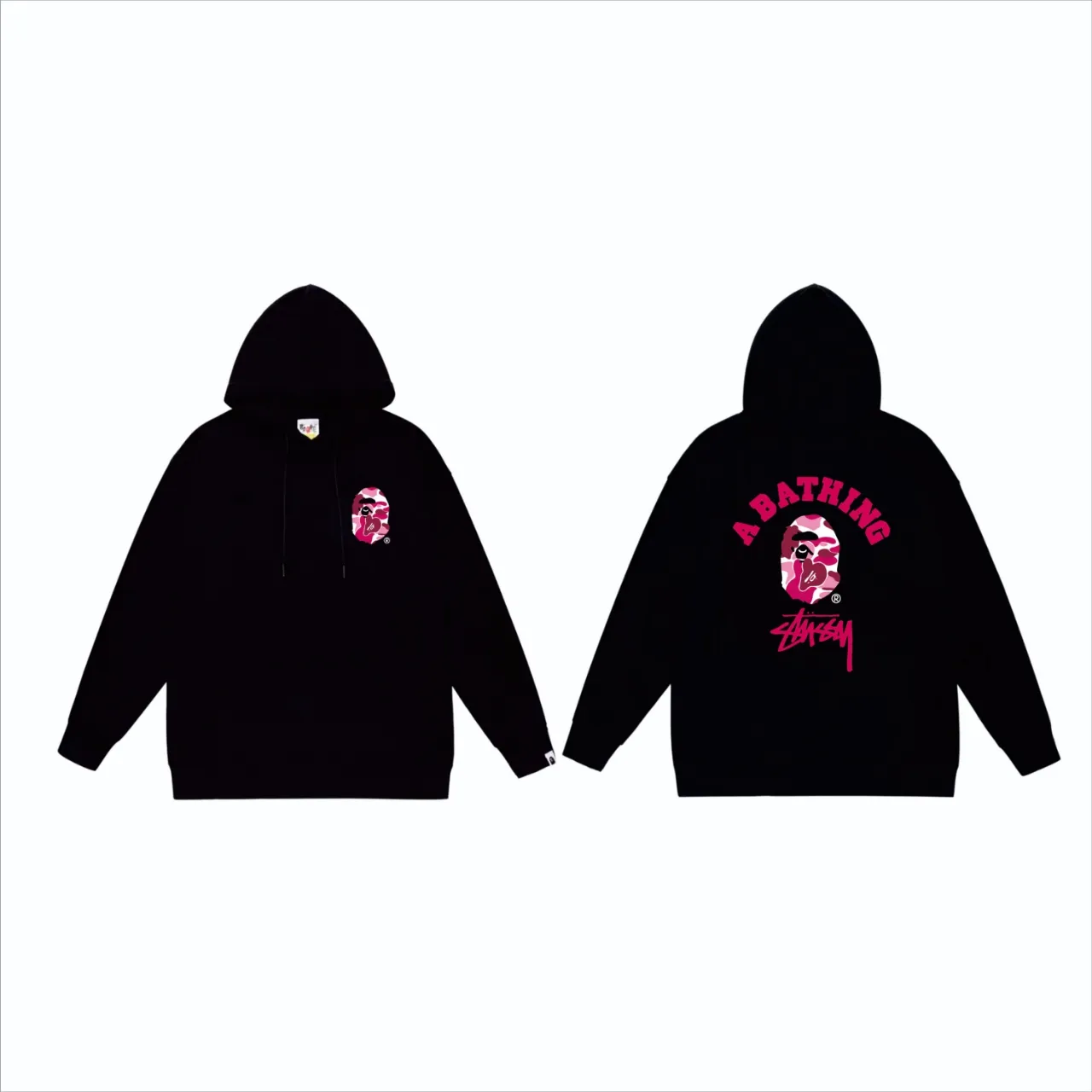 P160 model number SC814# terry 80 plus velvet 90 (top version) BAPE×STUSSY co-branded Stussy letter printed hooded sweatshirt Made of 380 grams of large terry (drop shoulder large version) fabric, soft texture and no pilling Imported environmentally friendly printing glue The pattern is bright and three-dimensional Quality 💥Same style for men and women The upper body is trendy Color: Black White Gray Size: S M L XL XXL