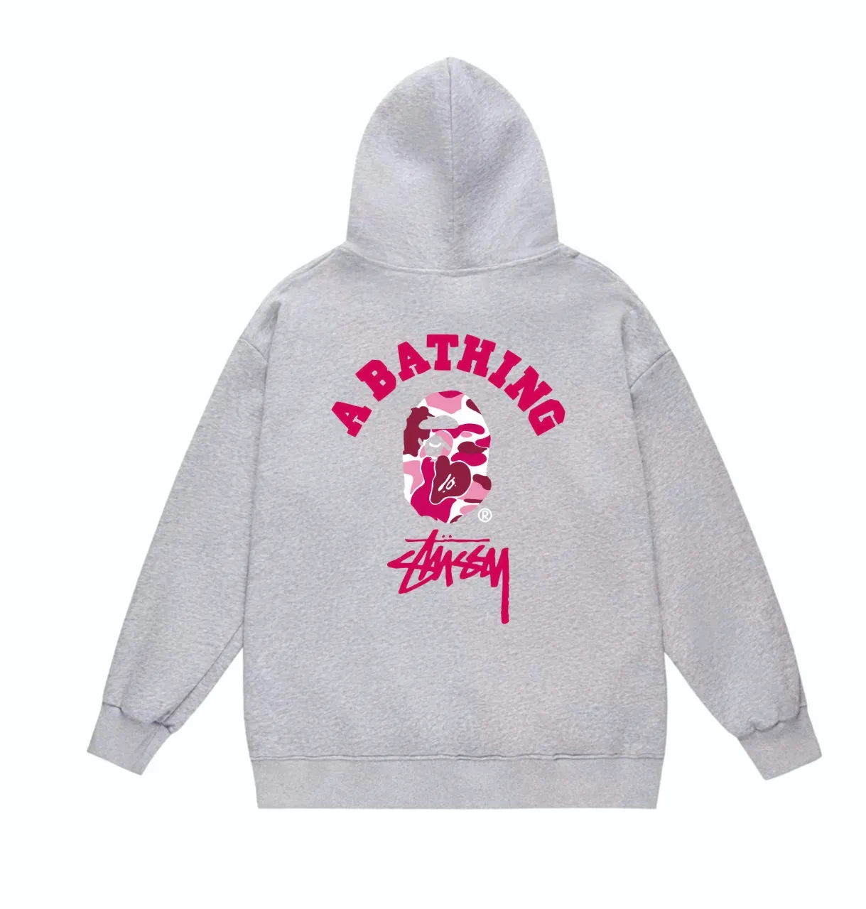 P160 model number SC814# terry 80 plus velvet 90 (top version) BAPE×STUSSY co-branded Stussy letter printed hooded sweatshirt Made of 380 grams of large terry (drop shoulder large version) fabric, soft texture and no pilling Imported environmentally friendly printing glue The pattern is bright and three-dimensional Quality 💥Same style for men and women The upper body is trendy Color: Black White Gray Size: S M L XL XXL