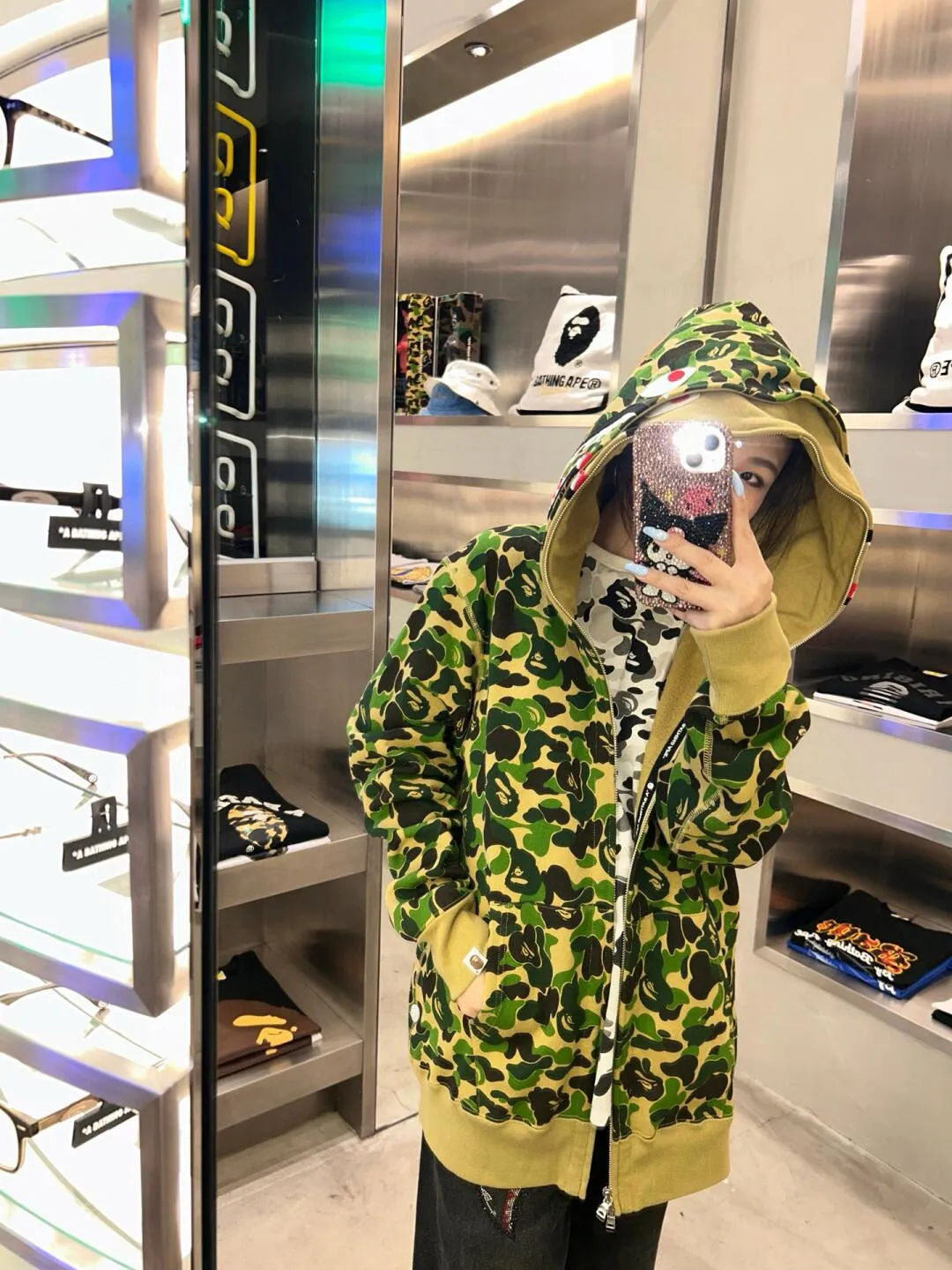 💰440 Bape Abc Double Hat Large Flower Camouflage Shark Customized fabric 1:1 Fine workmanship High version Couple model: S—XXL [Green Pink Blue]