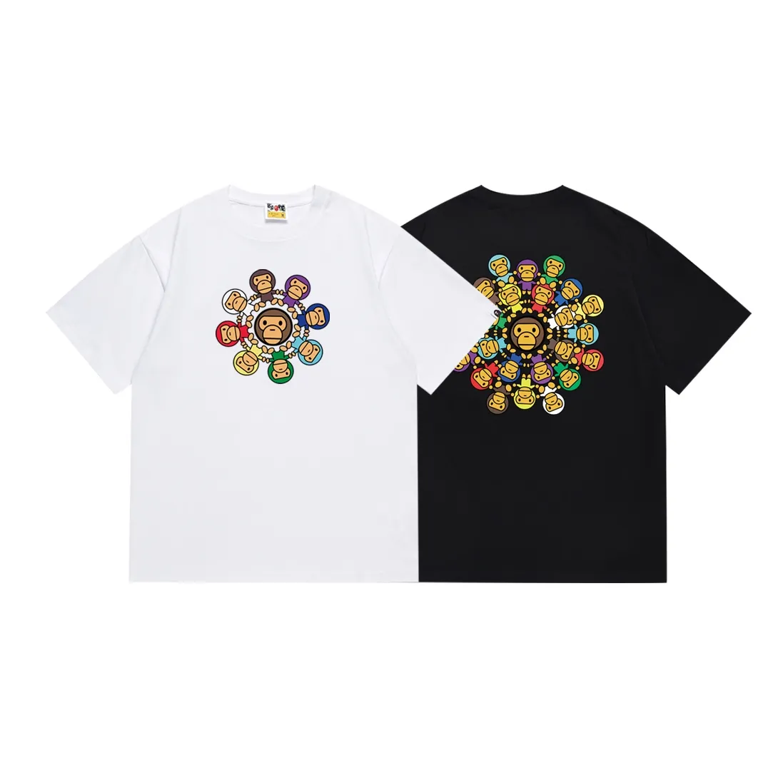 SC132#p110💰 (top version) BAPE Wang Jiaer's same style A BATHING APE MILO colorful printed short-sleeved T-shirt. Made of 260 grams of high-quality high-weave pure cotton fabric. Double yarn combed, soft texture and no pilling. Imported environmentally friendly printing glue. Bright and three-dimensional pattern. Quality💥Same style for men and women. The upper body is trendy. Color: black white. Size: S M L XL XXL