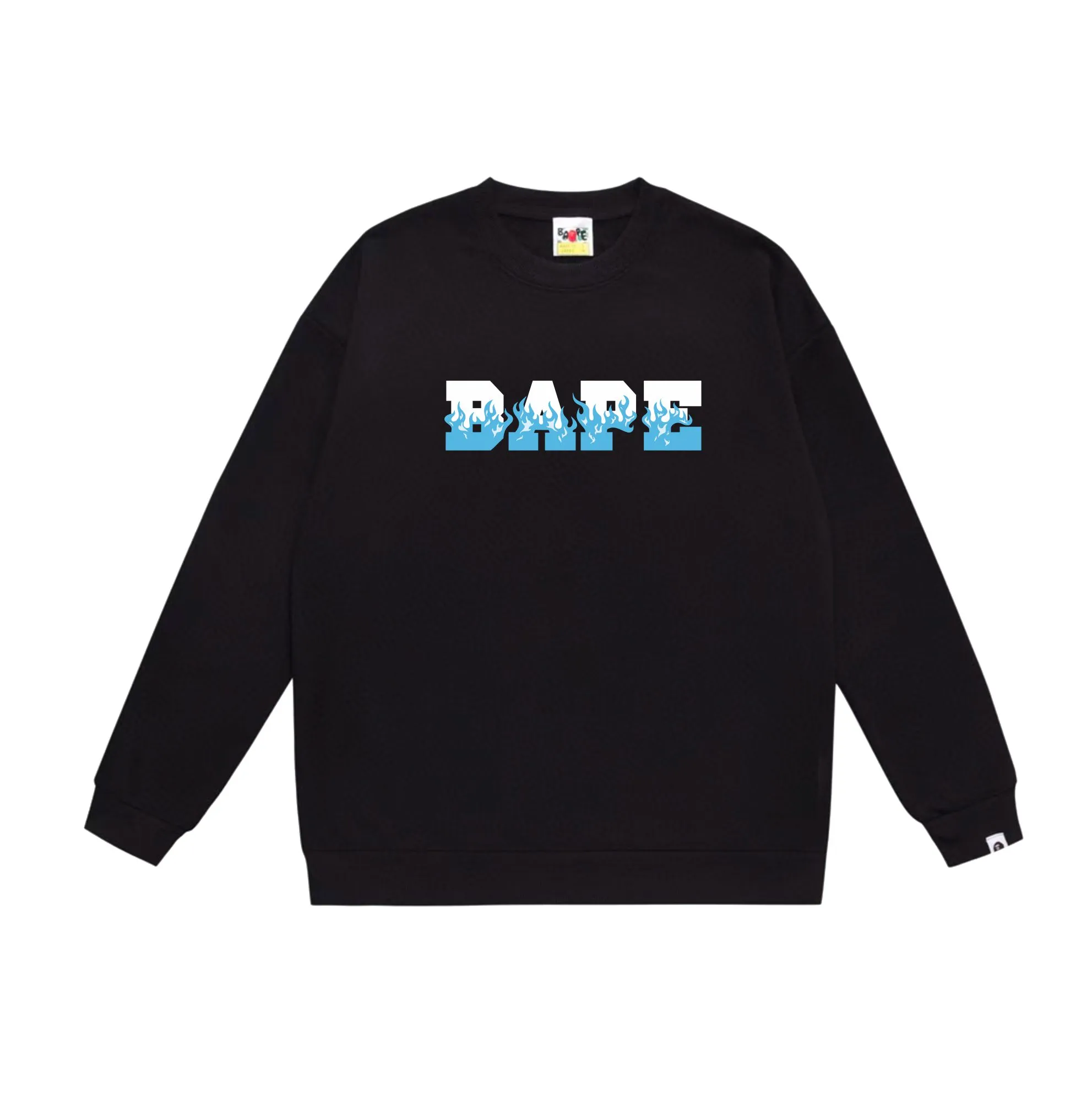P150 model number SC537# terry 75 plus velvet 80 (top version) BAPE flame letter printed round neck sweatshirt Made of 350g large terry (drop shoulder large version) fabric, soft texture and no pilling Imported environmentally friendly printing glue, bright and three-dimensional pattern, quality 💥Same style for men and women, the upper body is fashionable Color: black white gray Size: S M L XL XXL