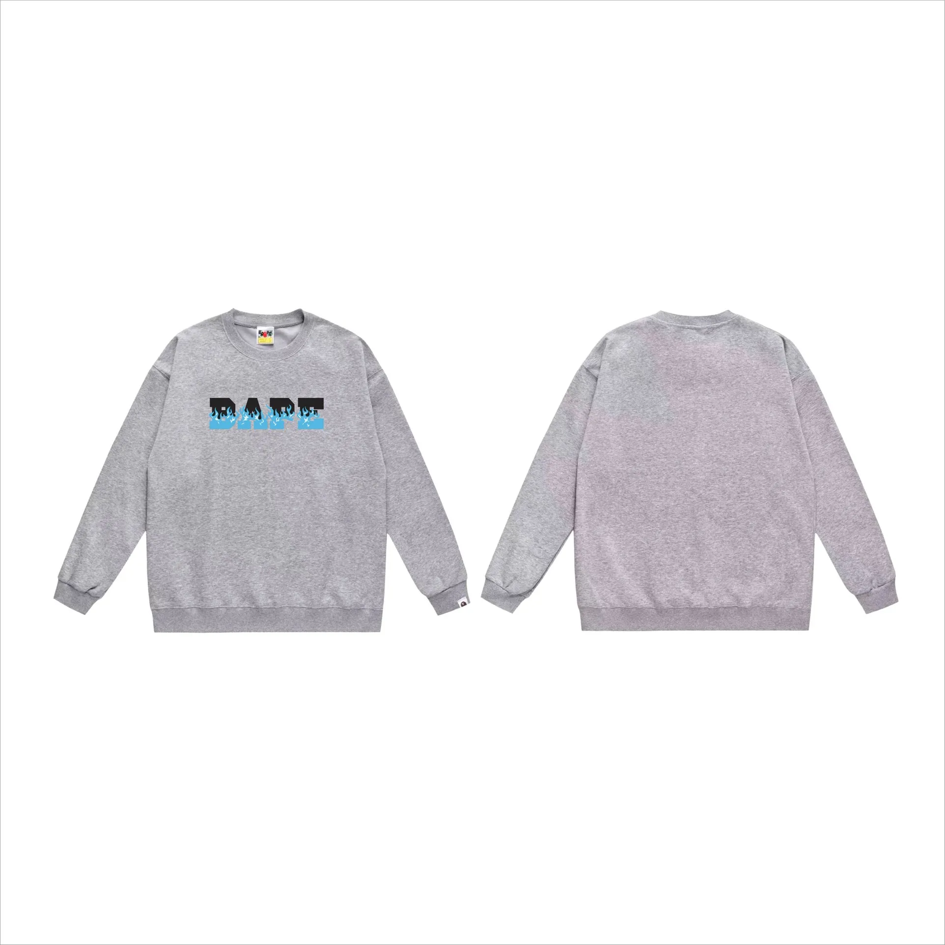P150 model number SC537# terry 75 plus velvet 80 (top version) BAPE flame letter printed round neck sweatshirt Made of 350g large terry (drop shoulder large version) fabric, soft texture and no pilling Imported environmentally friendly printing glue, bright and three-dimensional pattern, quality 💥Same style for men and women, the upper body is fashionable Color: black white gray Size: S M L XL XXL