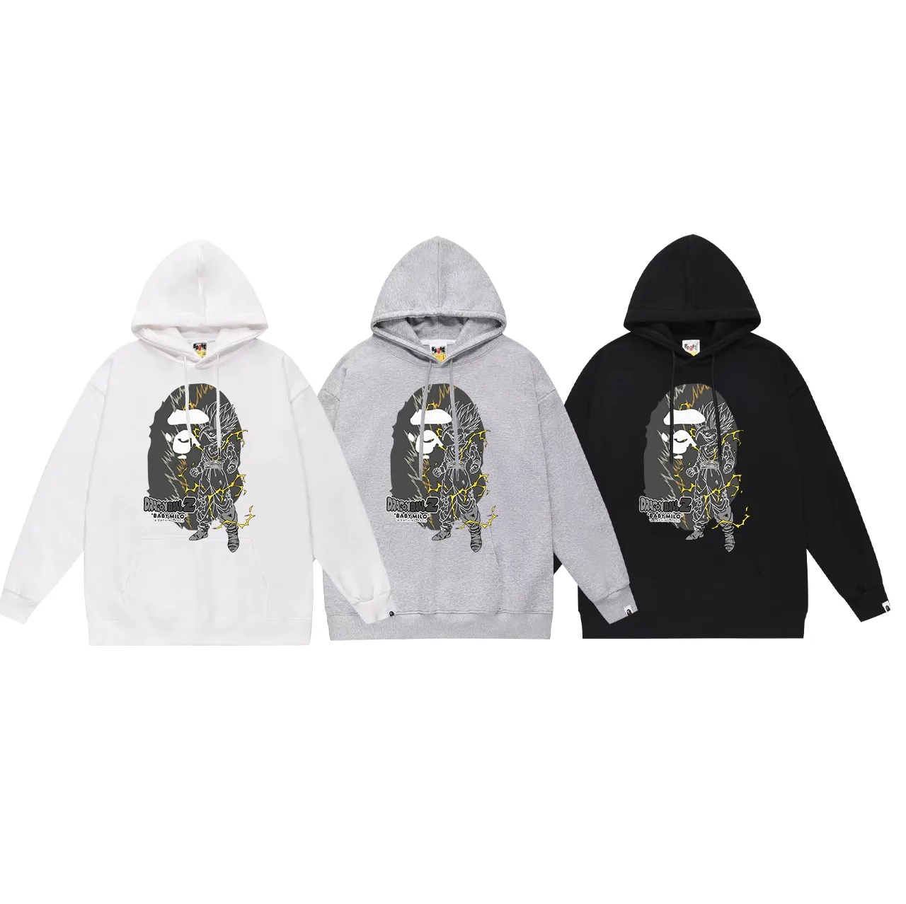 Model No. SC626# Terry p160 plus velvet p180💰 (top version) BAPE✖️DARGON BALL SON GOHAN ape head lightning joint printed hooded sweatshirt. Made of 380g large terry 430g silver fox velvet (drop shoulder large version) fabric. The texture is soft and non-pilling. Imported environmentally friendly printing glue. The pattern is bright and three-dimensional. Quality💥Same style for men and women. The upper body is trendy. Color: black white Gray Size: S M L XL XXL