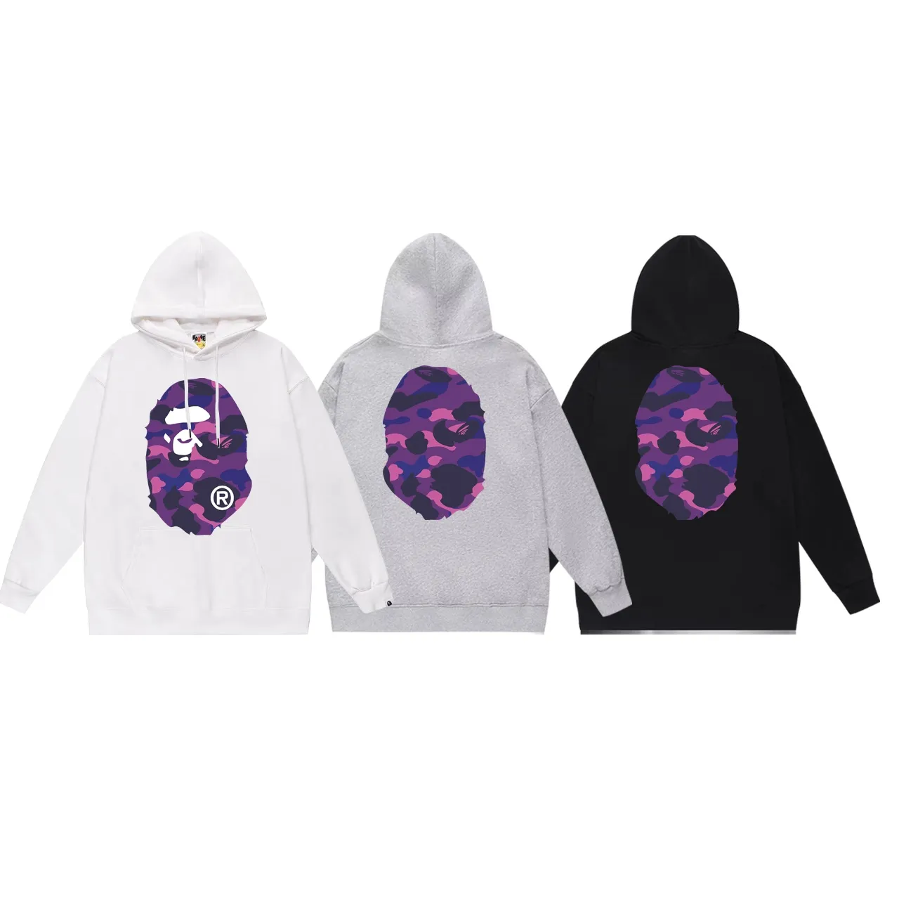 Model No. SC660#terry p160 plus velvet p180💰 (top version) BAPE double-sided camouflage ape head print hooded sweatshirt Made of 380g large terry 430g silver fox velvet (drop shoulder large version) fabric, soft texture and no pilling Imported environmentally friendly printing glue The pattern is bright and three-dimensional Quality💥Same style for men and women The upper body is trendy Color: black purple white purple gray purple Size: S M L XL XXL