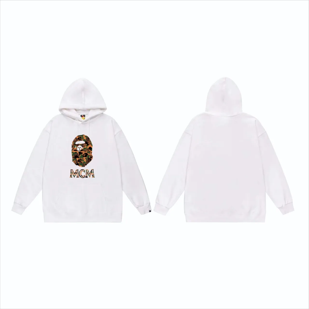P160 model number SC834# terry 80 plus velvet 90 (top version) BAPE×MCM Camo Ape Head co-branded ape head print hooded sweatshirt. Made of 380 grams of large terry (drop shoulder large version) fabric. The texture is soft and non-pilling. Imported environmentally friendly printing glue. The pattern is bright and three-dimensional. Quality💥Same style for men and women. The upper body is trendy. Color: black white gray Size: S M L XL XXL