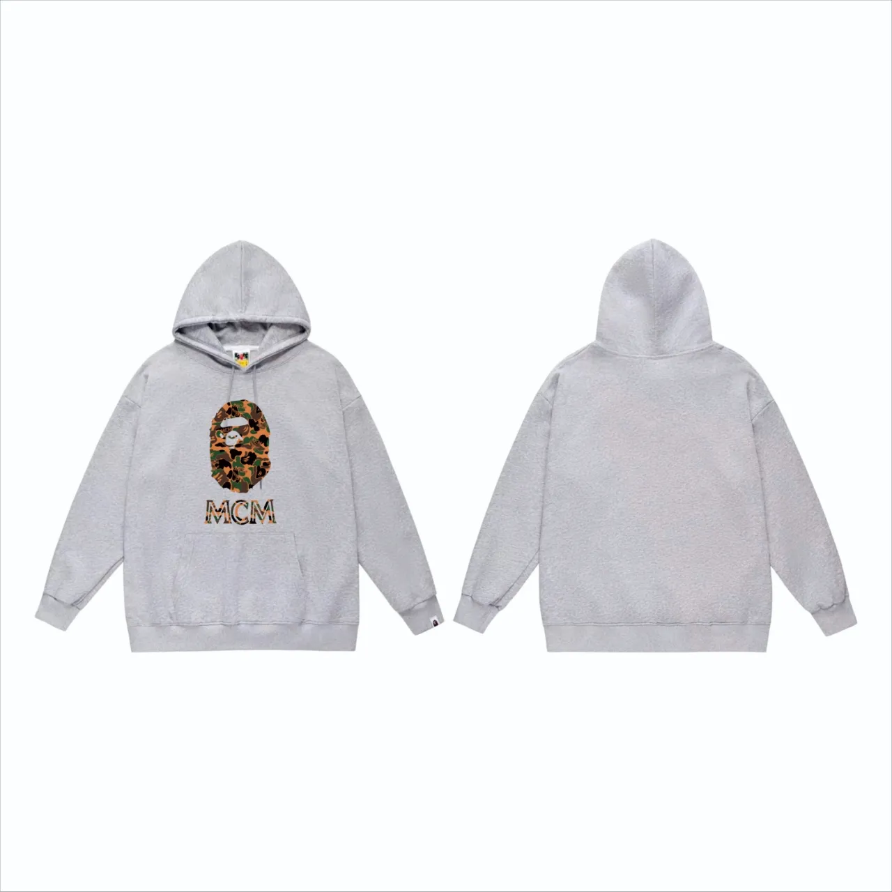 P160 model number SC834# terry 80 plus velvet 90 (top version) BAPE×MCM Camo Ape Head co-branded ape head print hooded sweatshirt. Made of 380 grams of large terry (drop shoulder large version) fabric. The texture is soft and non-pilling. Imported environmentally friendly printing glue. The pattern is bright and three-dimensional. Quality💥Same style for men and women. The upper body is trendy. Color: black white gray Size: S M L XL XXL