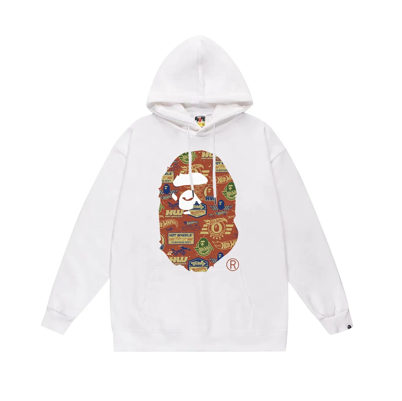 Model No. SC623#terry p160 plus velvet p180💰(top version) BAPE✖️WHEELS co-branded ape head print hooded sweatshirt Made of 380g large terry 430g silver fox velvet (off-shoulder large version) fabric, soft and non-pilling, imported environmentally friendly printing glue, bright and three-dimensional pattern, quality💥same style for men and women, the upper body is trendy Color: black white gray Size: S M L XL XXL