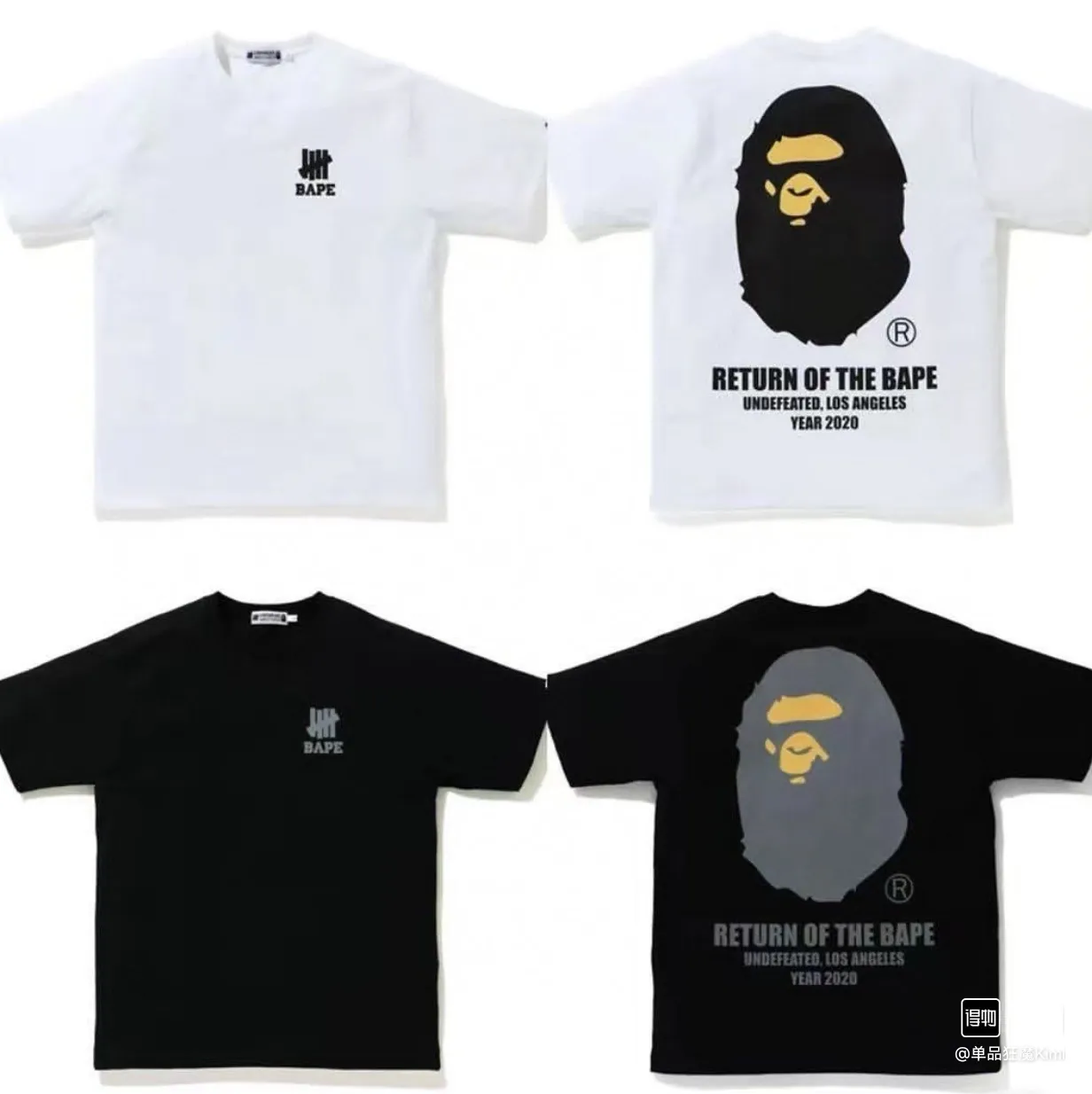 P110 001010 A BATHING APE x UNDEFEATED joint model Bape ape head short-sleeved T-shirt, same style for men and women, size smlxlxxl, black and white
