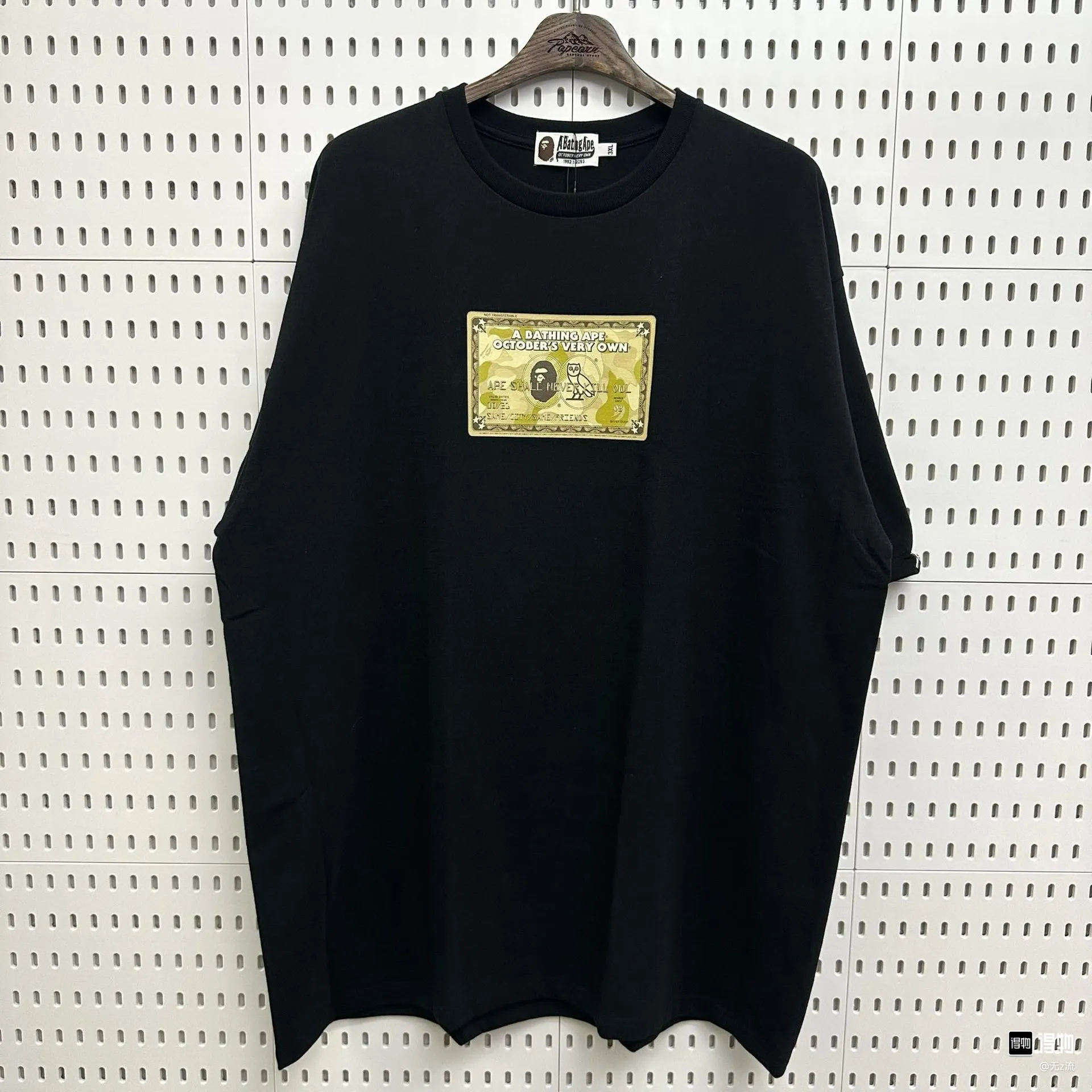 P110 001055 BAPE x OVO joint model, ape-man owl gold card logo printed short-sleeved T-shirt, same style for men and women, size smlxlxxl, black and white