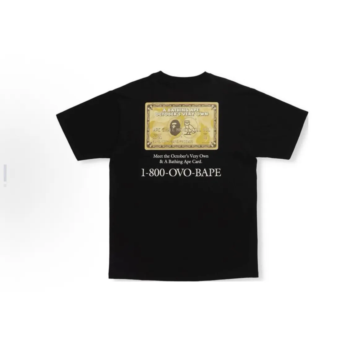 P110 001055 BAPE x OVO joint model, ape-man owl gold card logo printed short-sleeved T-shirt, same style for men and women, size smlxlxxl, black and white