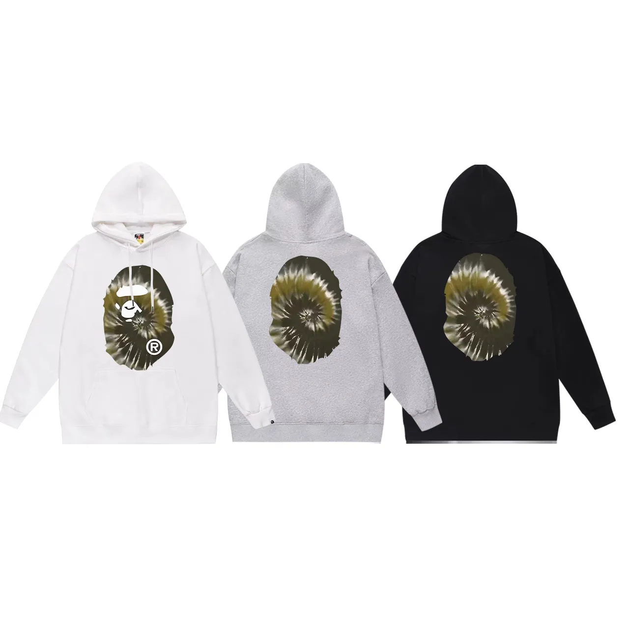 Model No. SC708# terry p160 plus velvet 180💰 (top version) BAPE autumn and winter tie-dyed ape head print hooded sweatshirt. Made of 350 grams of large terry (drop shoulder large version) fabric. The texture is soft and non-pilling. Imported environmentally friendly printing glue. The pattern is bright and three-dimensional. Quality💥Same style for men and women. The upper body is trendy. Color: black white gray Size: S M L XL XXL