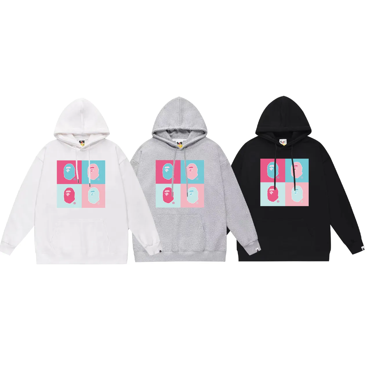 Model No. SC754# Terry p160 plus velvet 180💰 (top version) BAPE ape head four-in-one pattern hooded sweatshirt. Made of 380g large terry (drop shoulder large version) fabric. The texture is soft and non-pilling. Imported environmentally friendly printing glue. The pattern is bright and three-dimensional. Quality💥Same style for men and women. The upper body is trendy. Color: black white gray Size: S M L XL XXL