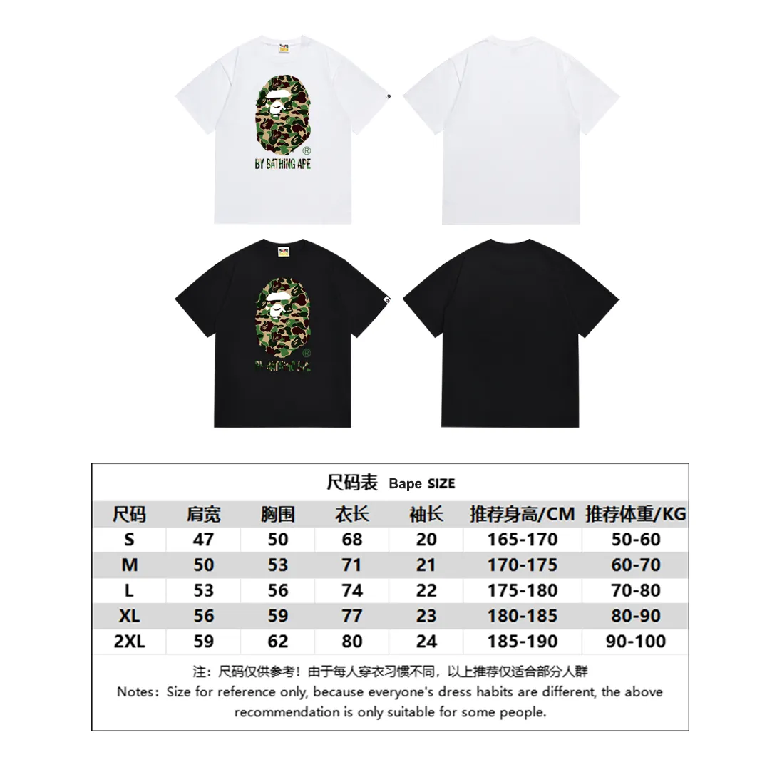 P110 SC075# (top version) BAPE camouflage ape head LOGO printed short-sleeved T-shirt Made of 260 grams of high-quality high-weave pure cotton fabric, double yarn combed, soft and non-pilling, imported environmentally friendly printing glue, bright and three-dimensional pattern, quality 💥Same style for men and women, the upper body is fashionable Color: black green white green black pink white pink black blue white blue Size: S M L XL XXL