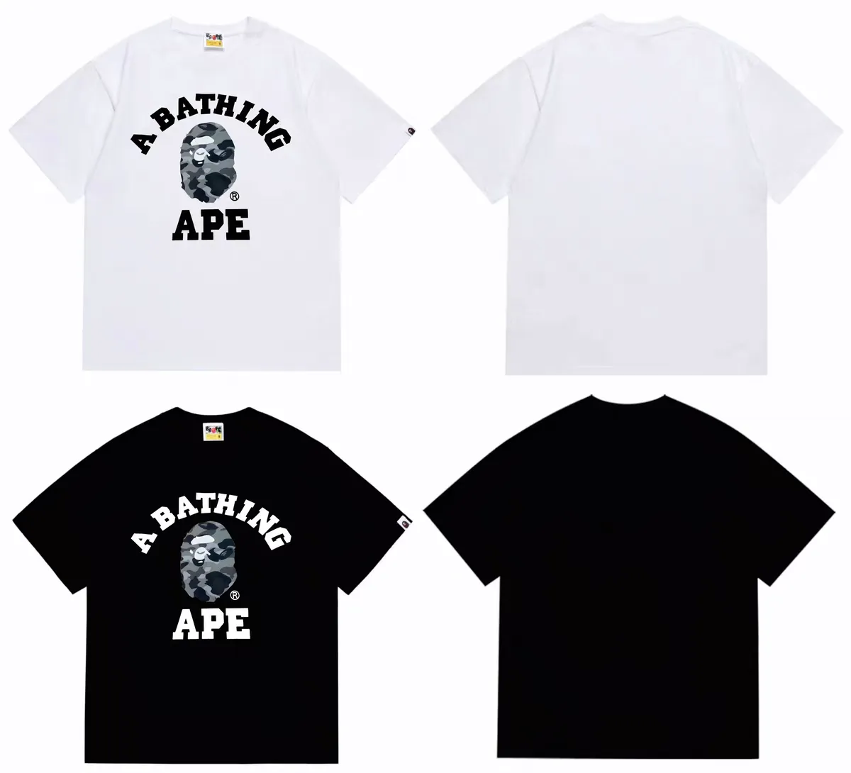 P110 001081 bape classic ape head print short-sleeved T-shirt, same style for men and women, size smlxlxxl, black, gray and white gray