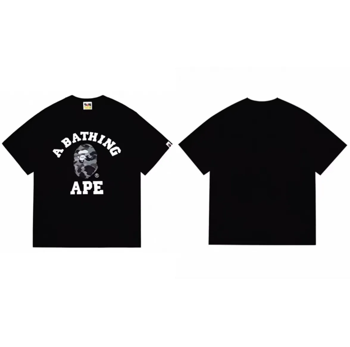 P110 001081 bape classic ape head print short-sleeved T-shirt, same style for men and women, size smlxlxxl, black, gray and white gray