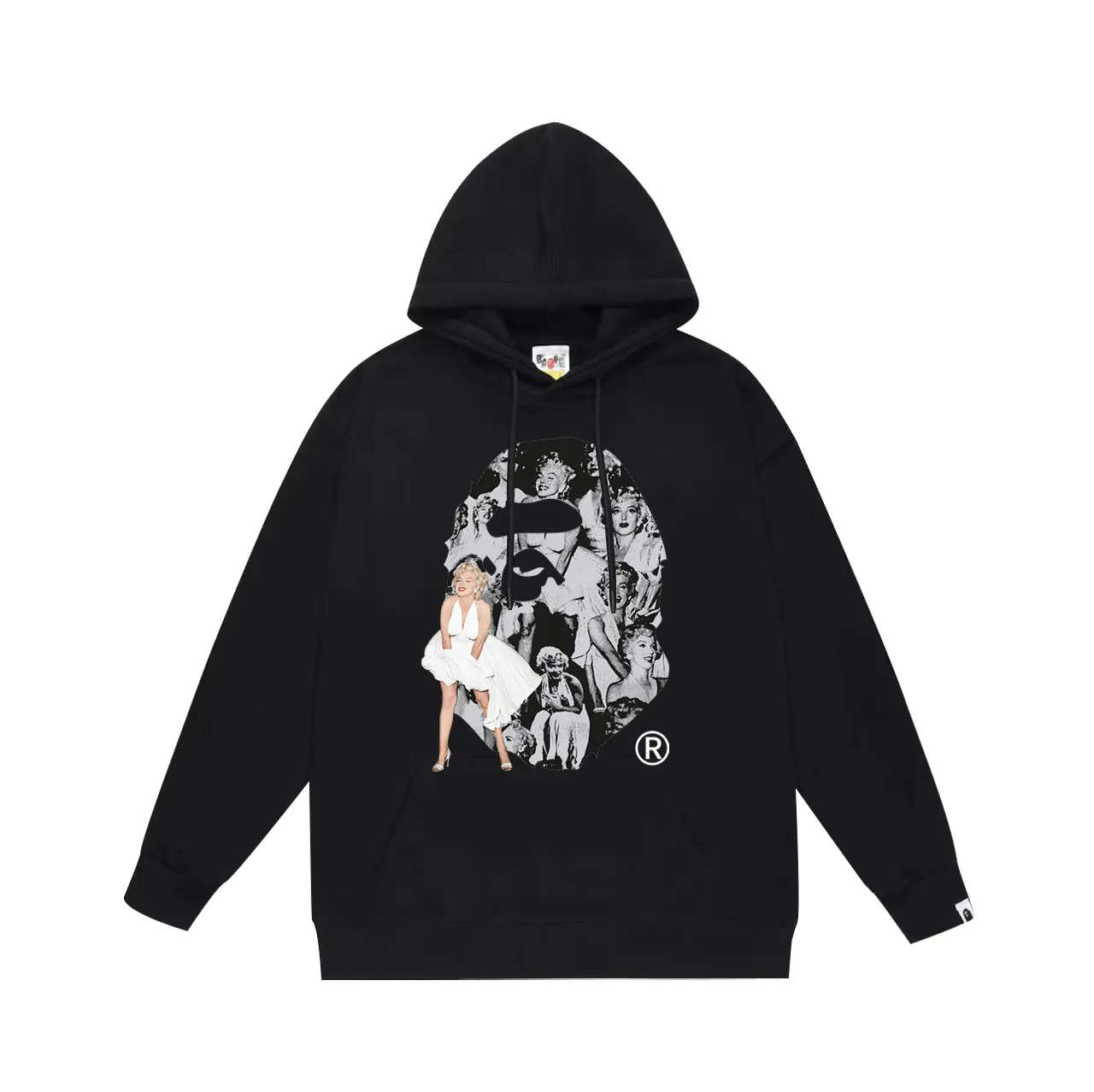 P160 model number SC794# terry 80 plus velvet 90 (top version) BAPE×MARILYN MONROE co-branded Marilyn Monroe printed hooded sweatshirt. Made of 380g large terry (drop shoulder large version) fabric. The texture is soft and non-pilling. Imported environmentally friendly printing glue. The pattern is bright and three-dimensional. Quality💥Same style for men and women. The upper body is trendy. Color: black white gray Size: S M L XL XXL