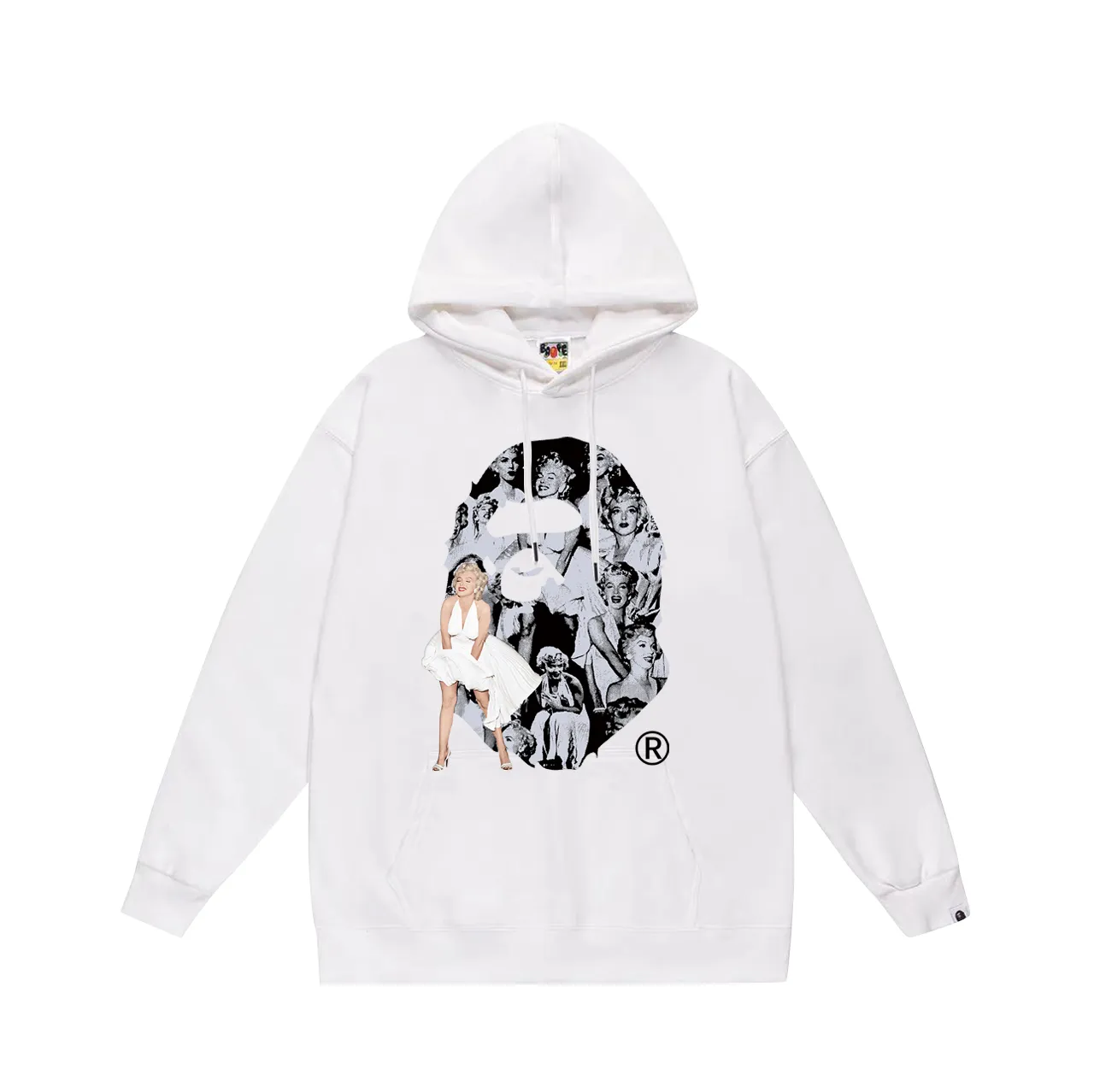 P160 model number SC794# terry 80 plus velvet 90 (top version) BAPE×MARILYN MONROE co-branded Marilyn Monroe printed hooded sweatshirt. Made of 380g large terry (drop shoulder large version) fabric. The texture is soft and non-pilling. Imported environmentally friendly printing glue. The pattern is bright and three-dimensional. Quality💥Same style for men and women. The upper body is trendy. Color: black white gray Size: S M L XL XXL
