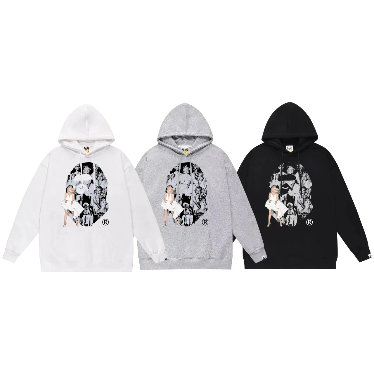 P160 model number SC794# terry 80 plus velvet 90 (top version) BAPE×MARILYN MONROE co-branded Marilyn Monroe printed hooded sweatshirt. Made of 380g large terry (drop shoulder large version) fabric. The texture is soft and non-pilling. Imported environmentally friendly printing glue. The pattern is bright and three-dimensional. Quality💥Same style for men and women. The upper body is trendy. Color: black white gray Size: S M L XL XXL