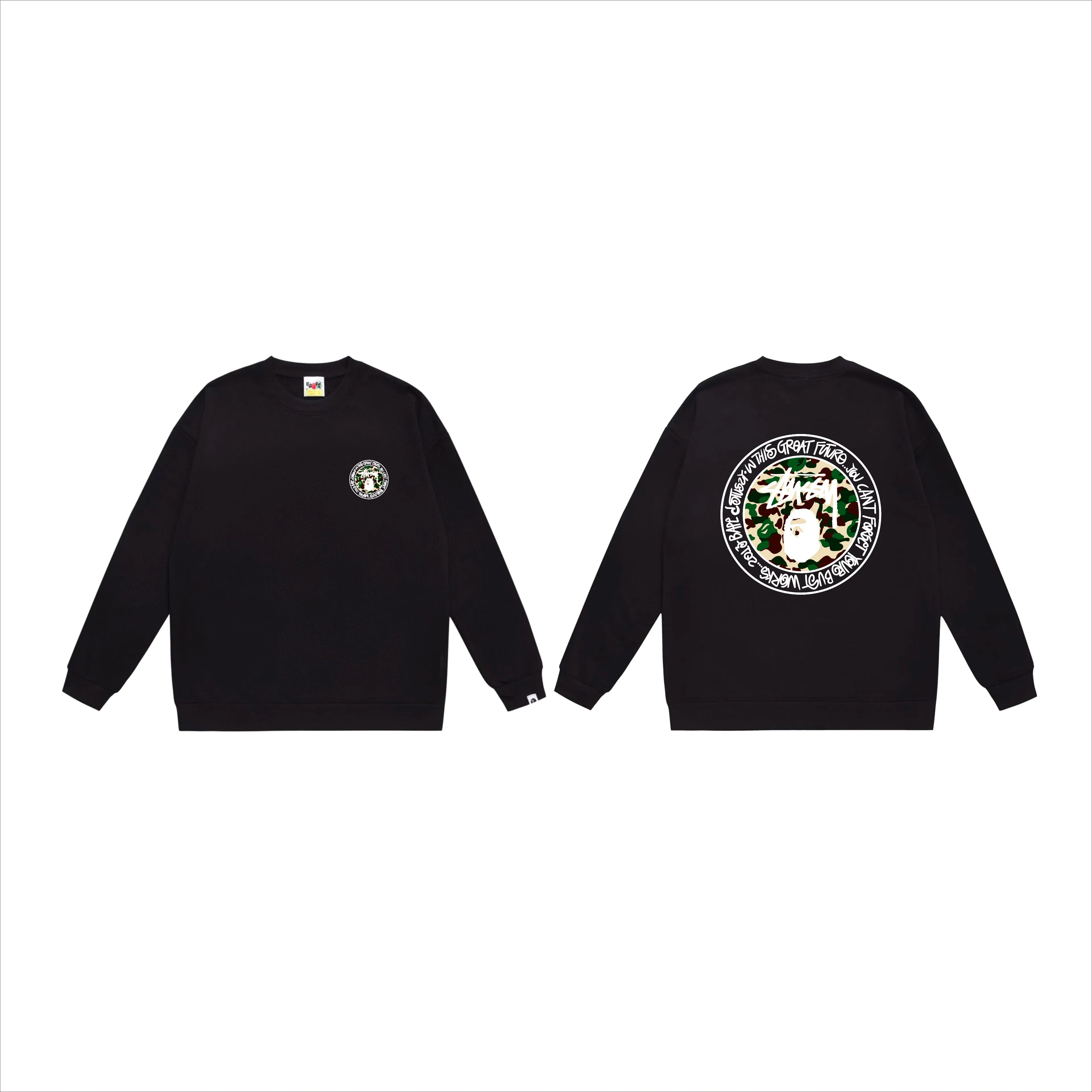 P150 model number SC519# terry 75 plus velvet 80 (top version) BAPE×STUSSY co-branded Stussy letter round neck sweatshirt Made of 350g large terry (drop shoulder large version) fabric, soft texture and non-pilling Imported environmentally friendly printing glue The pattern is bright and three-dimensional Quality 💥Same style for men and women The upper body is fashionable Color: black white gray Size: S M L XL XXL