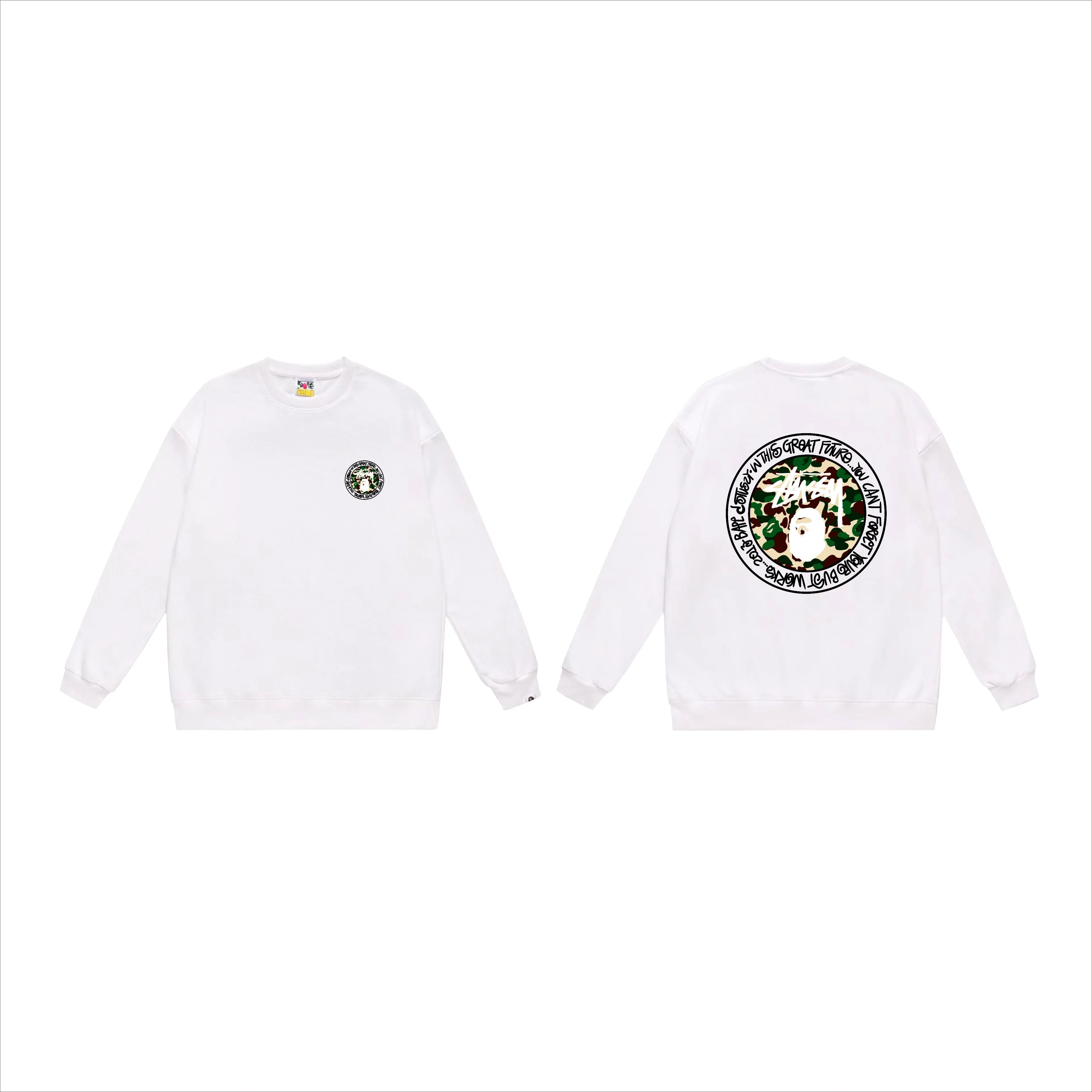 P150 model number SC519# terry 75 plus velvet 80 (top version) BAPE×STUSSY co-branded Stussy letter round neck sweatshirt Made of 350g large terry (drop shoulder large version) fabric, soft texture and non-pilling Imported environmentally friendly printing glue The pattern is bright and three-dimensional Quality 💥Same style for men and women The upper body is fashionable Color: black white gray Size: S M L XL XXL